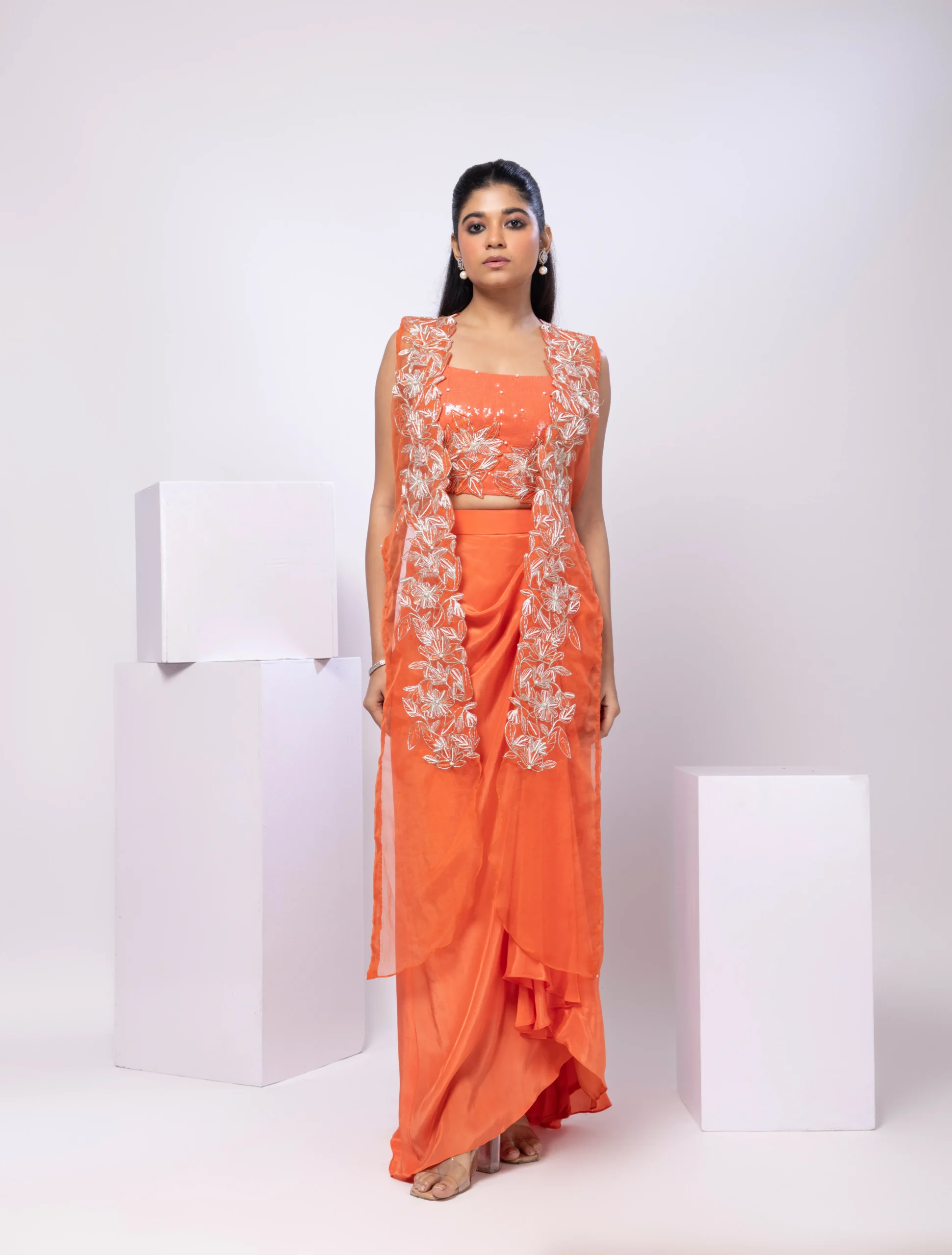 Embroidered Long Jacket Drape Skirt Set from Golden Muslin By Anuj Agarwal