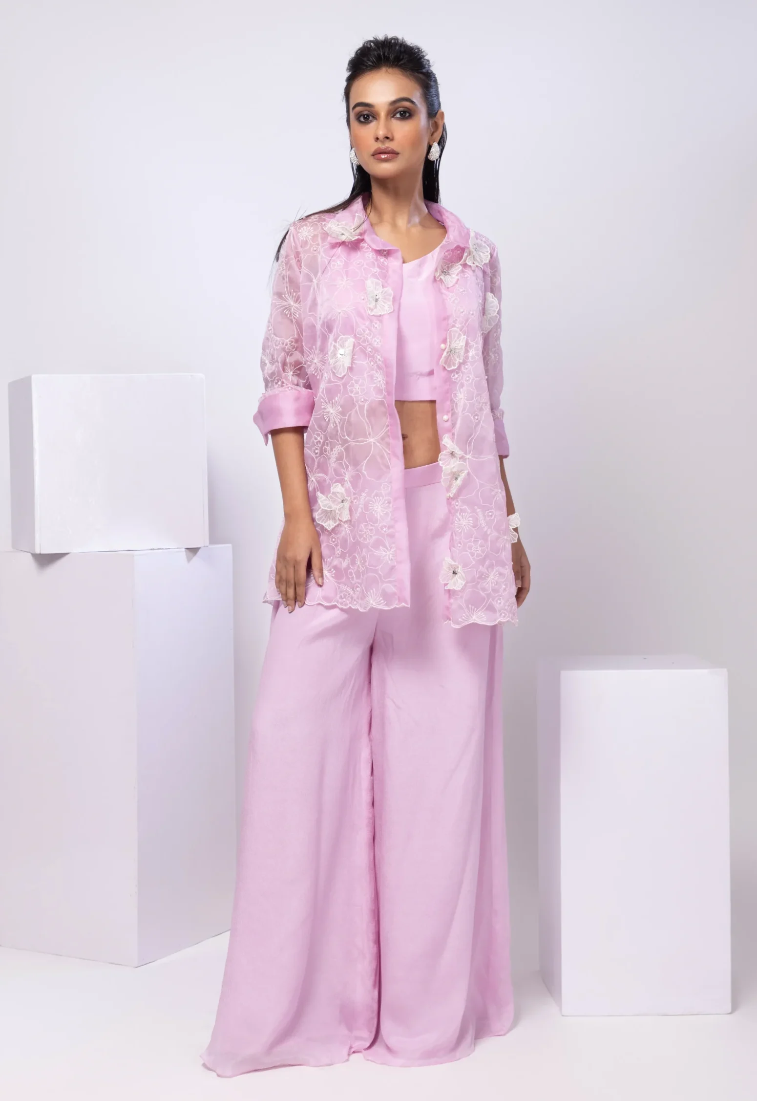 Golden Muslin Lavender Bloom Embroidered Co-Ord Set with floral jacket and palazzo pants