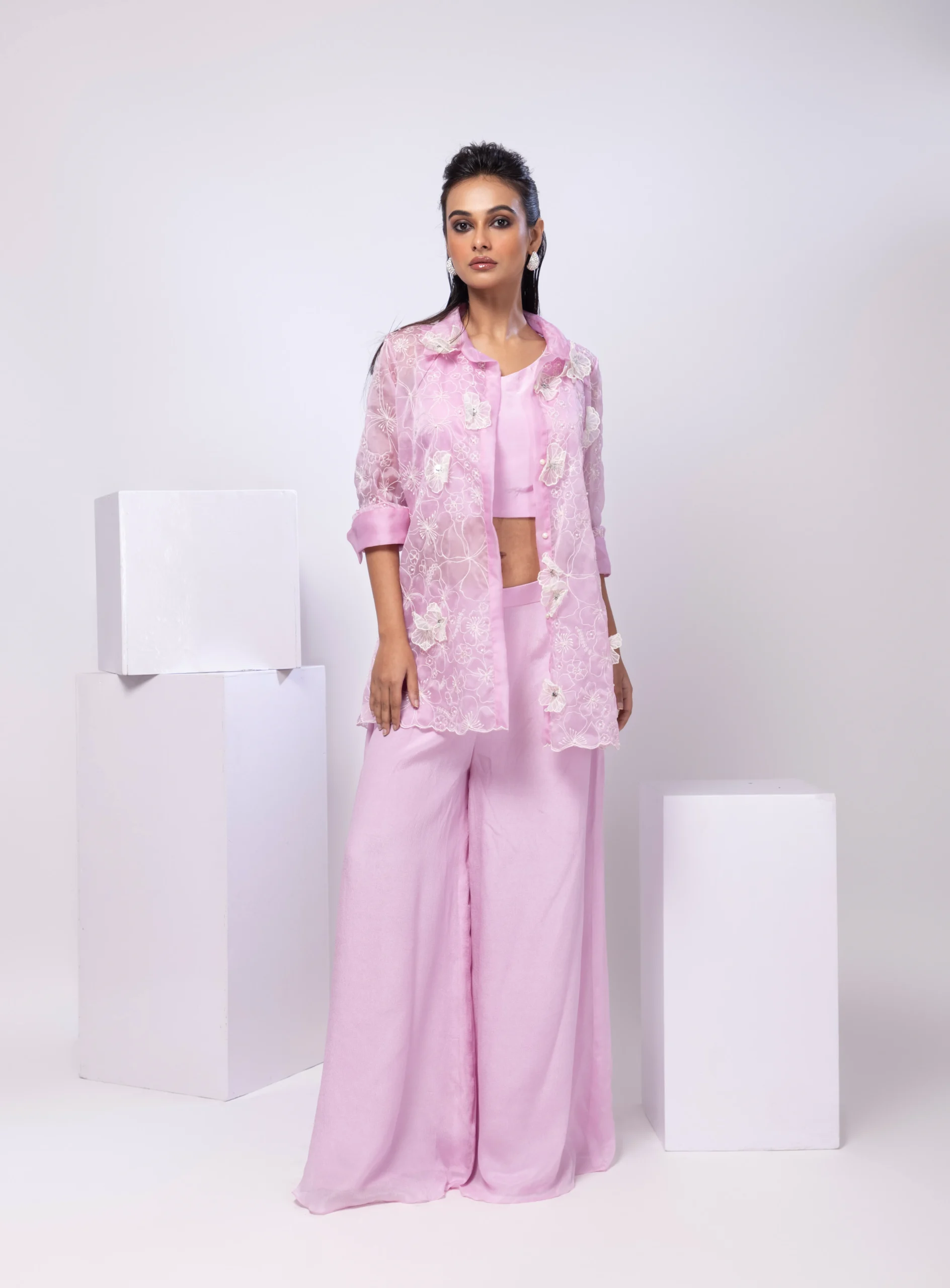 Golden Muslin Lavender Bloom Embroidered Co-Ord Set with floral jacket and palazzo pants