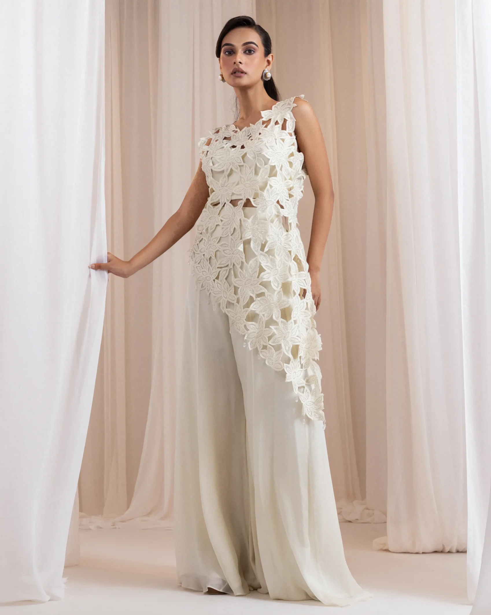 Ivory Three Piece Bustier Palazzo Set with Organza Overlay from Golden Muslin By Anuj Agarwal