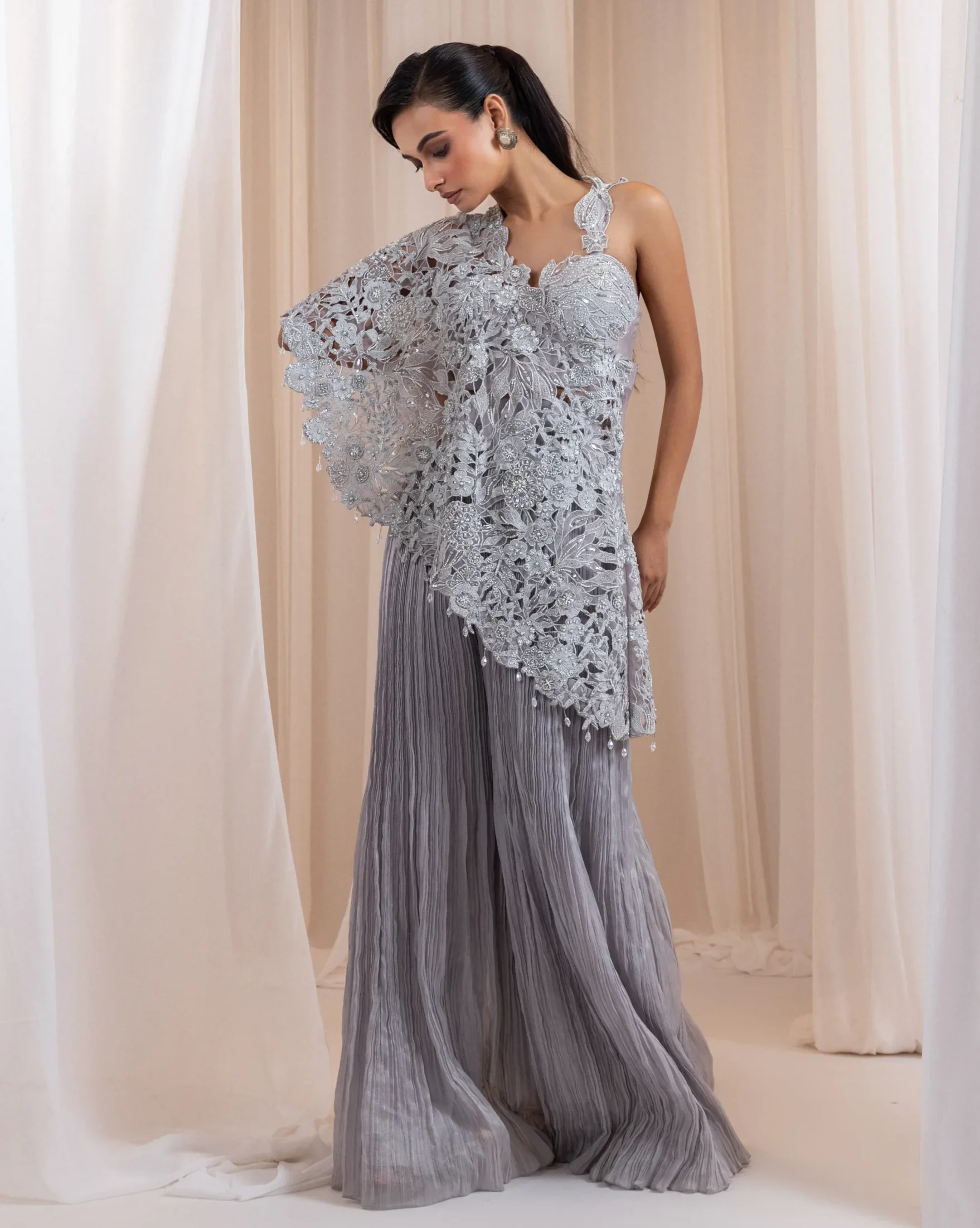 Grey Three Piece Bustier Palazzo Set with Organza Overlay from Golden Muslin By Anuj Agarwal