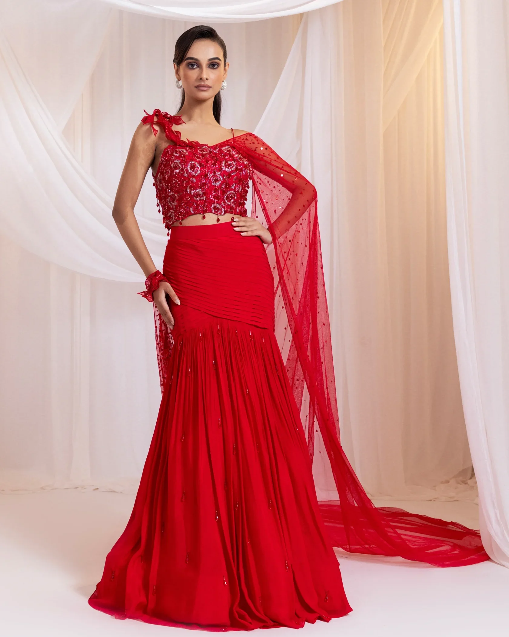 Golden Muslin Ruby Red Crystal Bloom Pre-Draped Saree with 3D floral blouse and crystal detailing