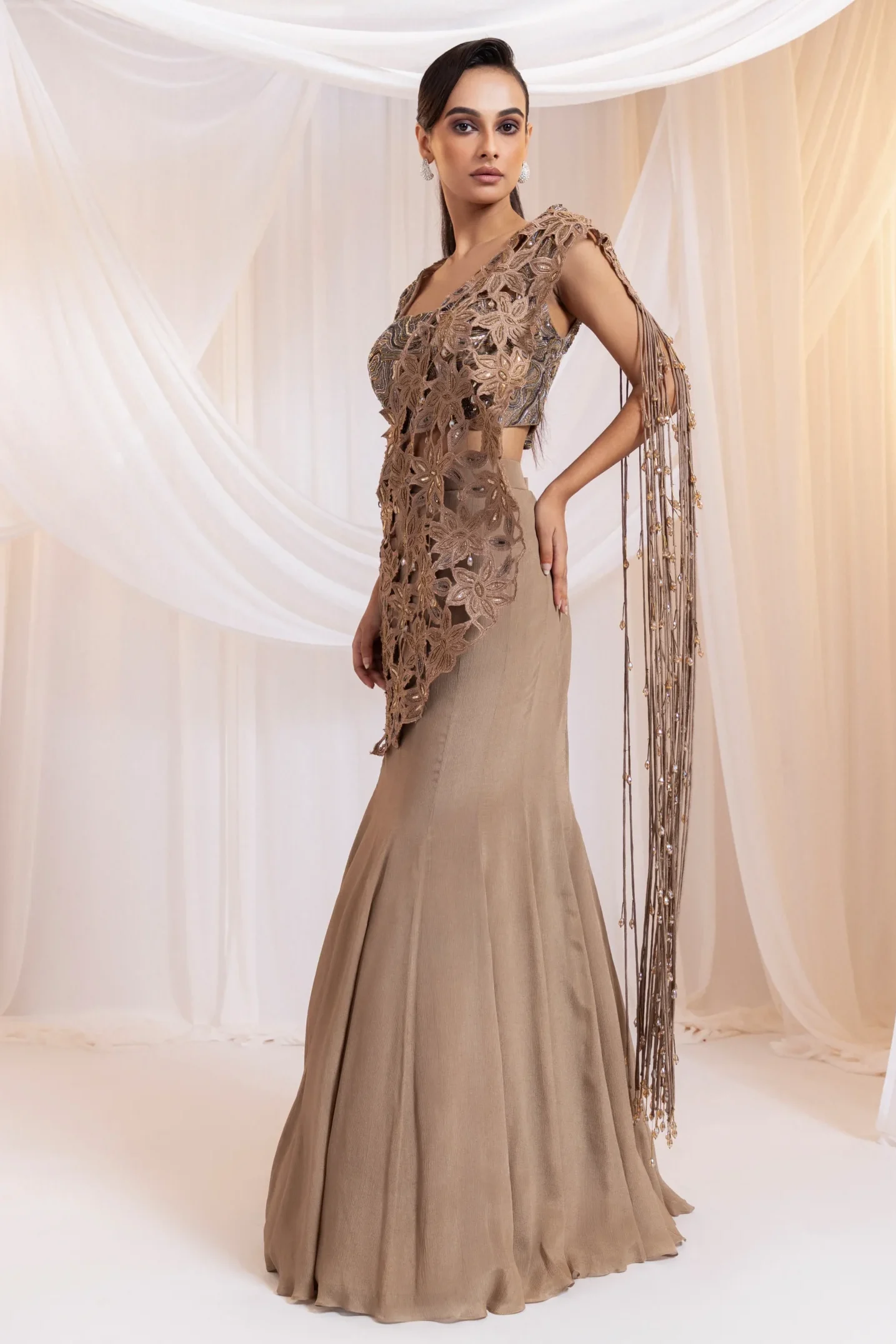 Taupe Mermaid Style Lehenga Set with embellished bodice from Golden Muslin By Anuj Agarwal