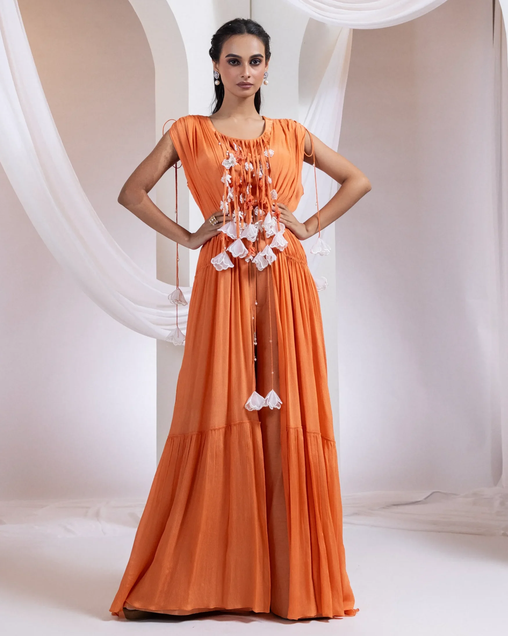 Golden Muslin Orange Tangerine Radiance Panelled Chinon Pant Set with 3D floral appliqué and tassels