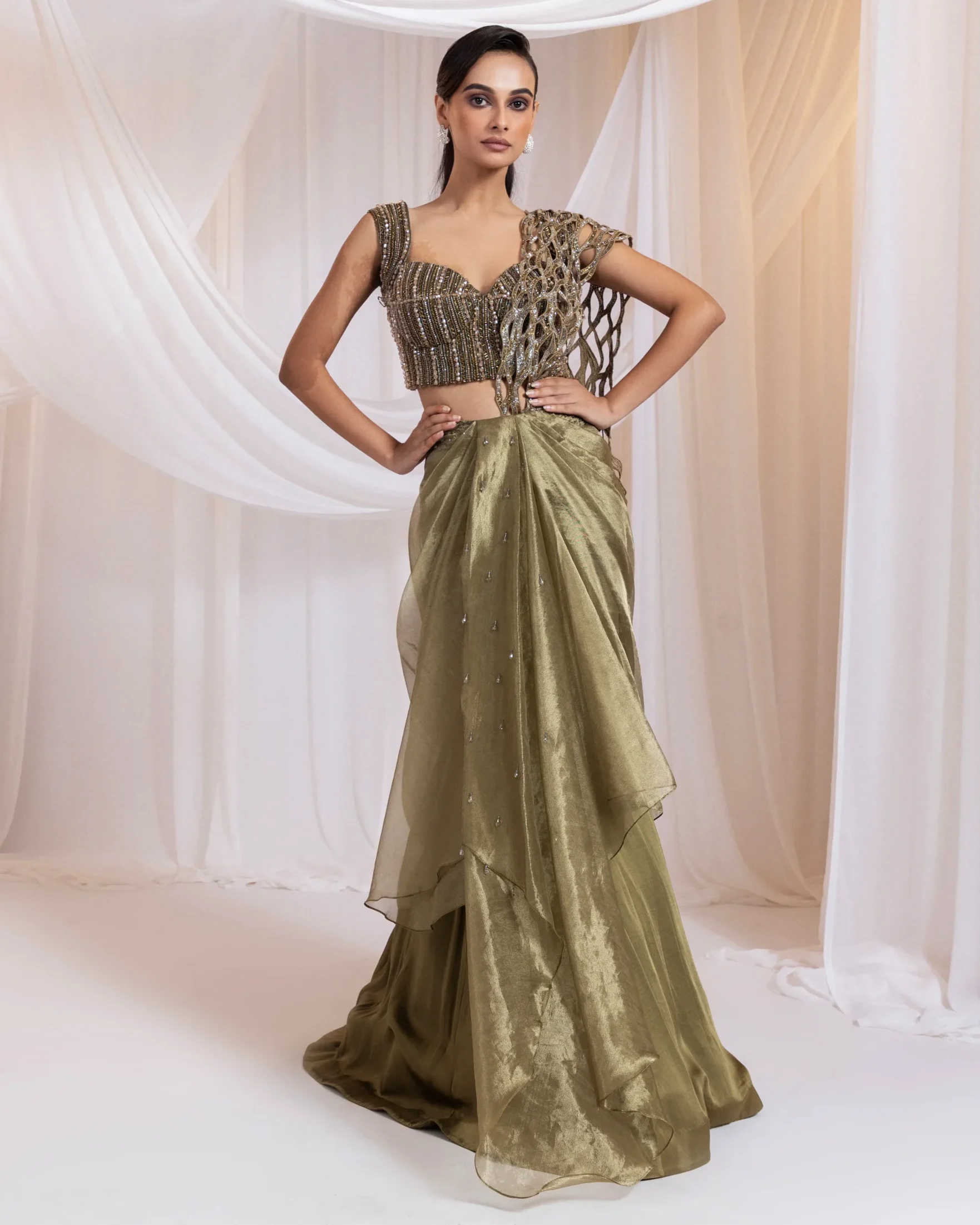 Olive Draped Saree with crystal embroidered blouse from Golden Muslin By Anuj Agarwal