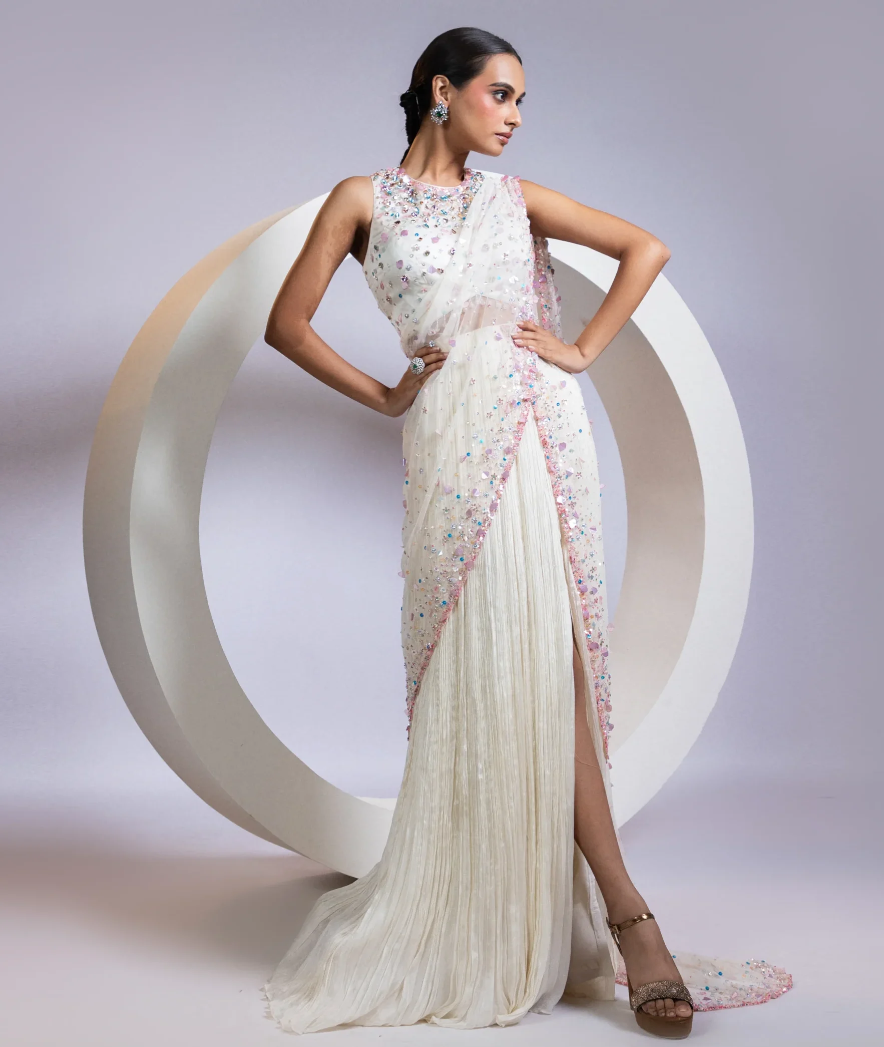 White Draped Saree with pastel sequin embellished blouse from Golden Muslin By Anuj Agarwal