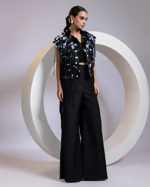Golden Muslin Monochrome Opulence Crystal Fringe Jacket Pant Set with sequin and crystal embellishments