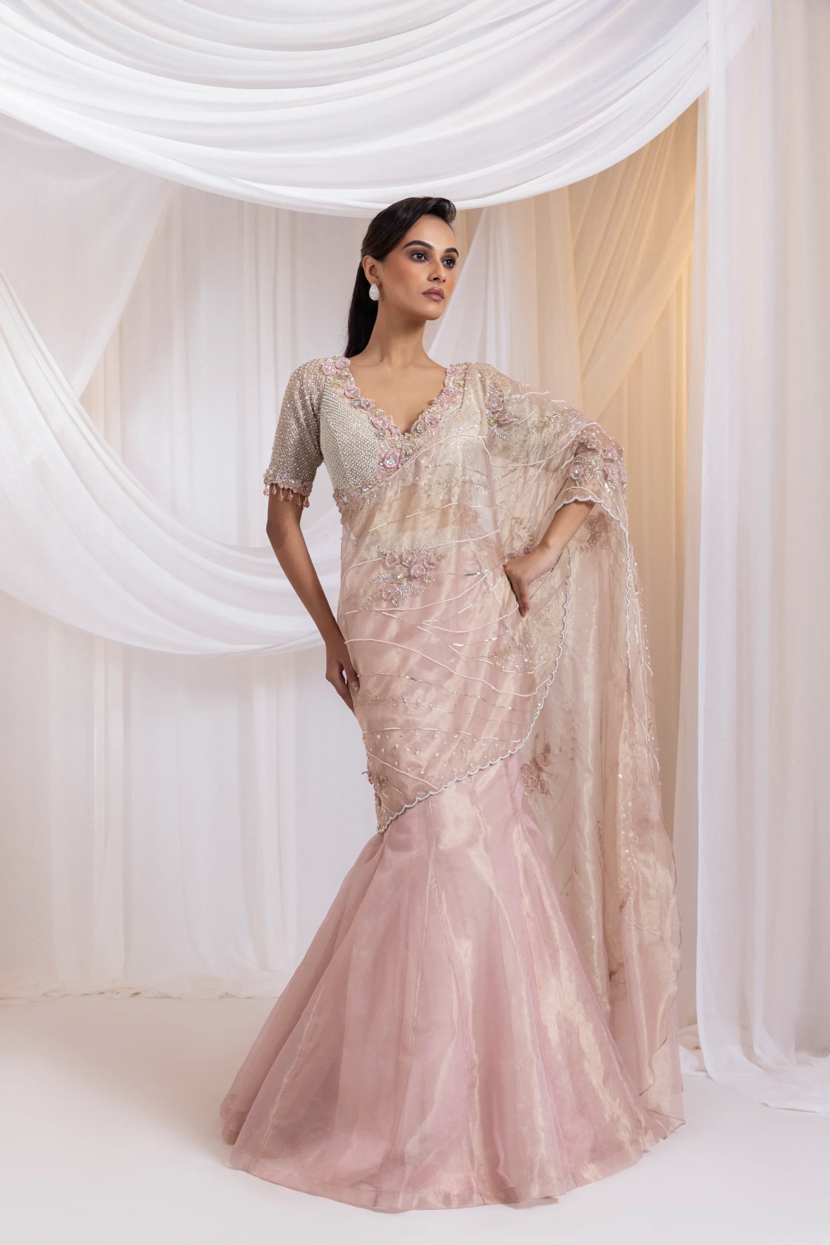 Golden Muslin Soft Pink Radiance Tissue Mermaid Lehenga Saree Set with pearl embroidery and 3D floral detailing