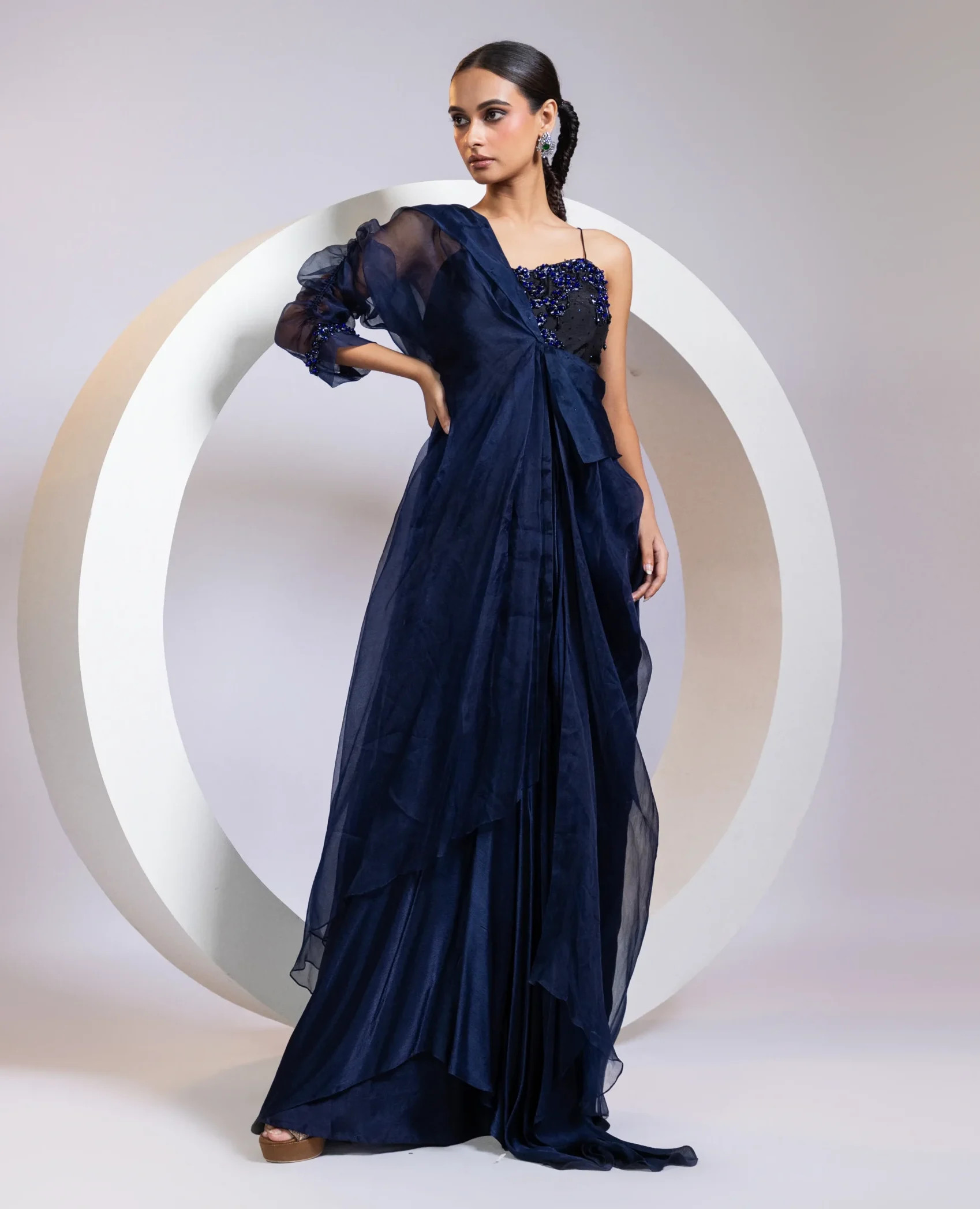 Golden Muslin Midnight Black Radiance Sculpted Cape Ensemble with crystal embellishments and navy organza cape