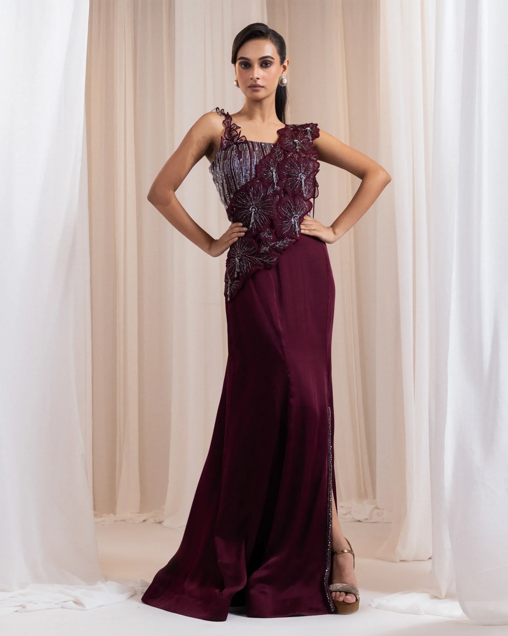 Golden Muslin Maroon Radiance Embroidered Corset Ensemble with 3D floral applique and draped skirt