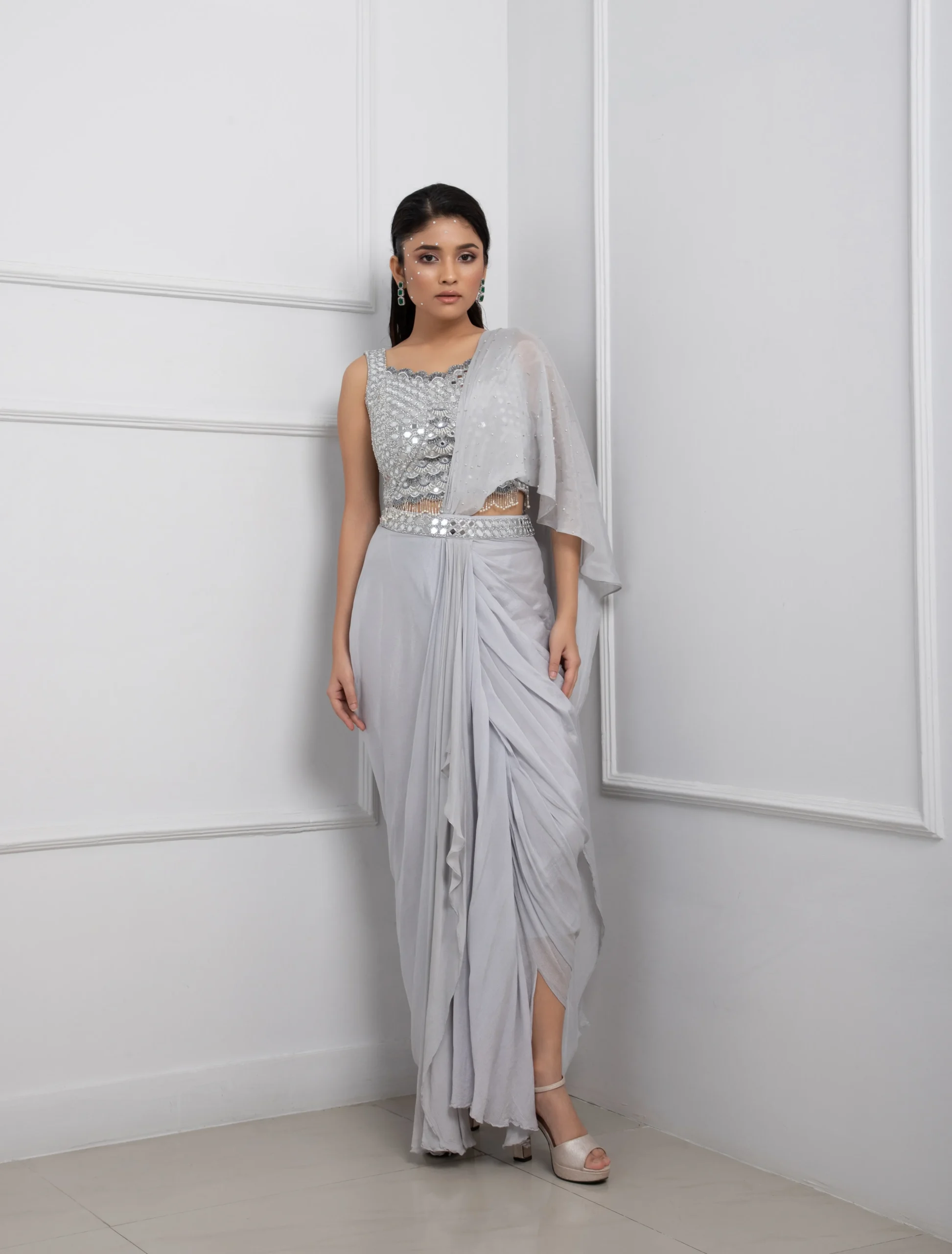 Grey Pre Draped Saree Set with Sequin Embellished Crop Top and Belt from Golden Muslin By Anuj Agarwal