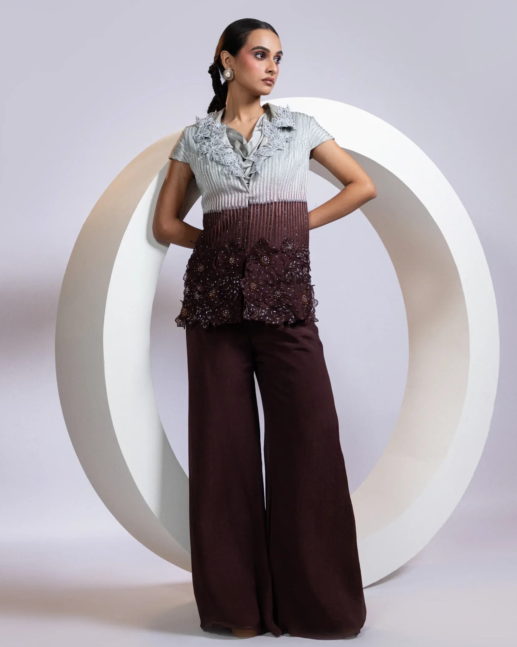 Golden Muslin Ivory Mocha Ombre Floral Jacket Co-Ord Set with 3D embroidery and flared pants