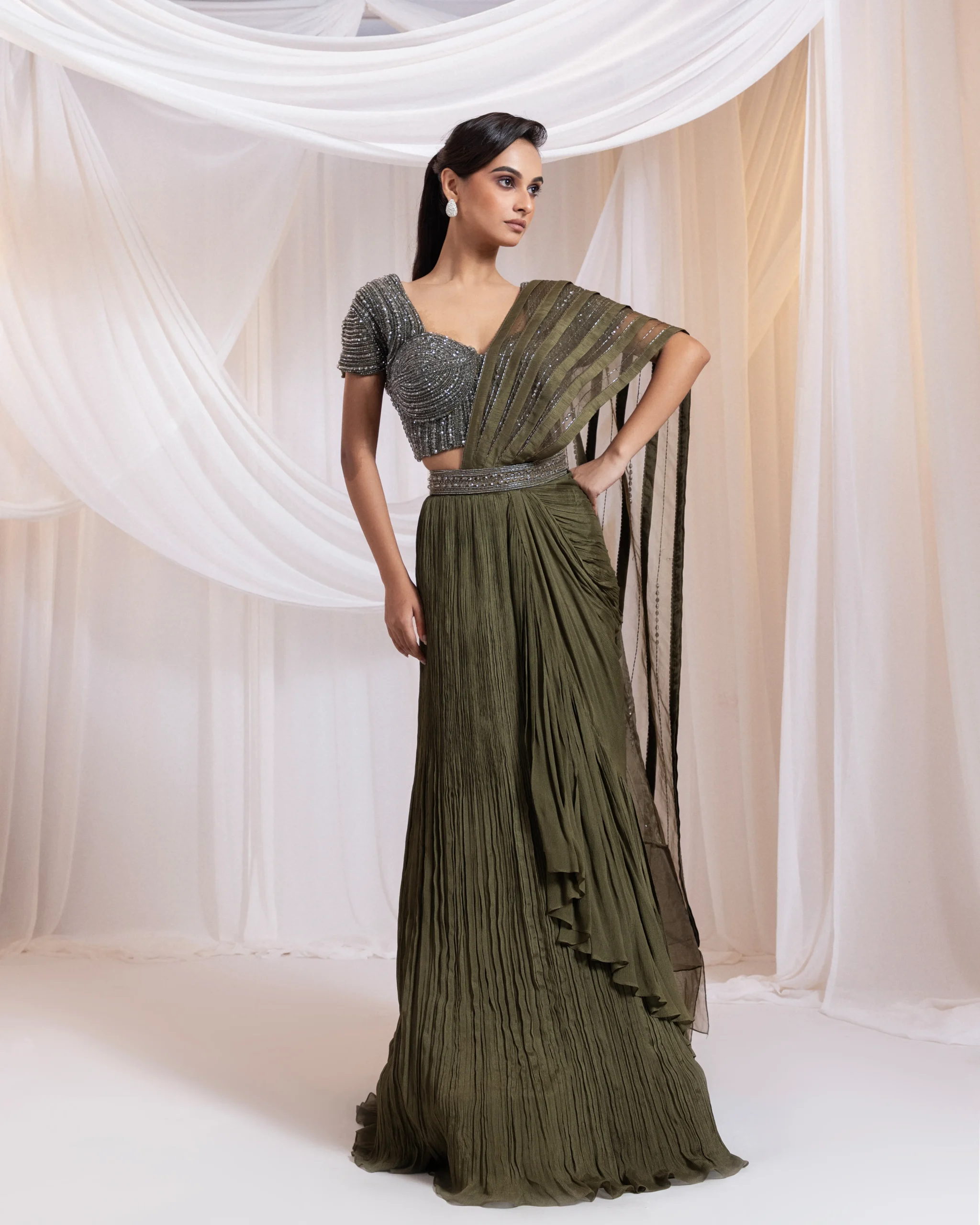 Embellished Draped Saree Set with crystal bead embroidered bodice from Golden Muslin By Anuj Agarwal