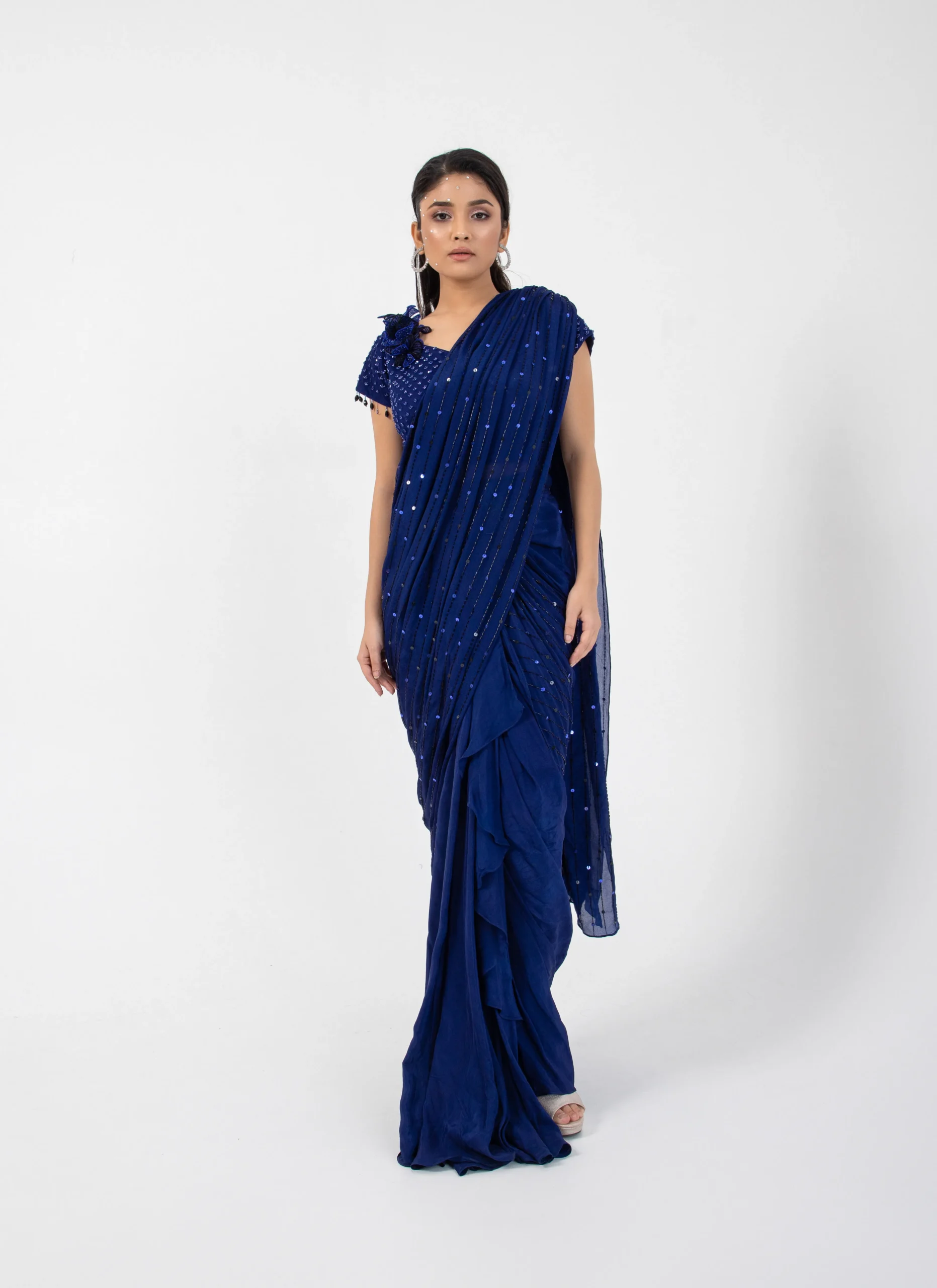 Midnight Navy Pre Draped Saree with Shimmering Beaded Blouse from Golden Muslin By Anuj Agarwal