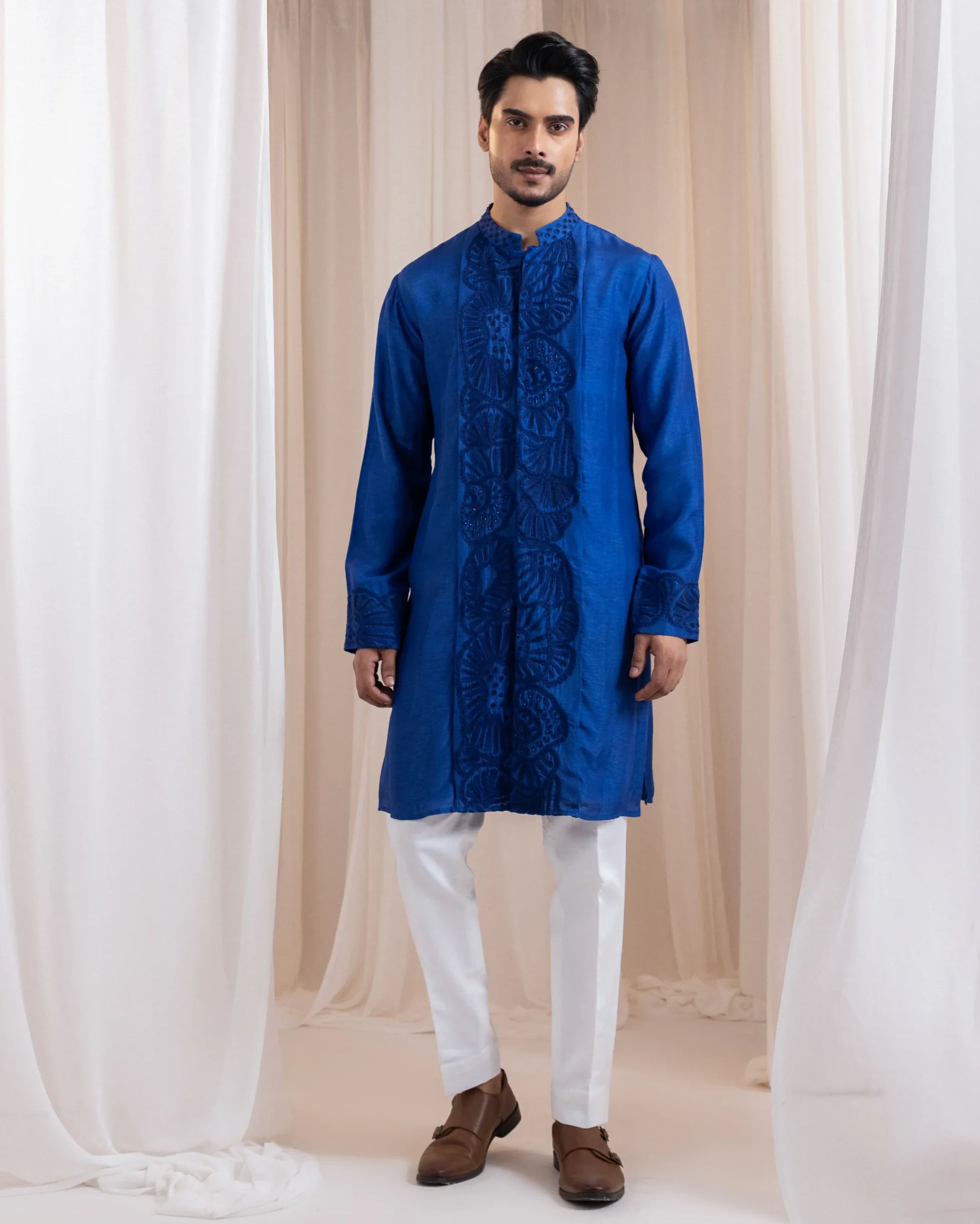 Royal Blue Two Piece Kurta Set with shell pattern embroidery from Golden Muslin By Anuj Agarwal