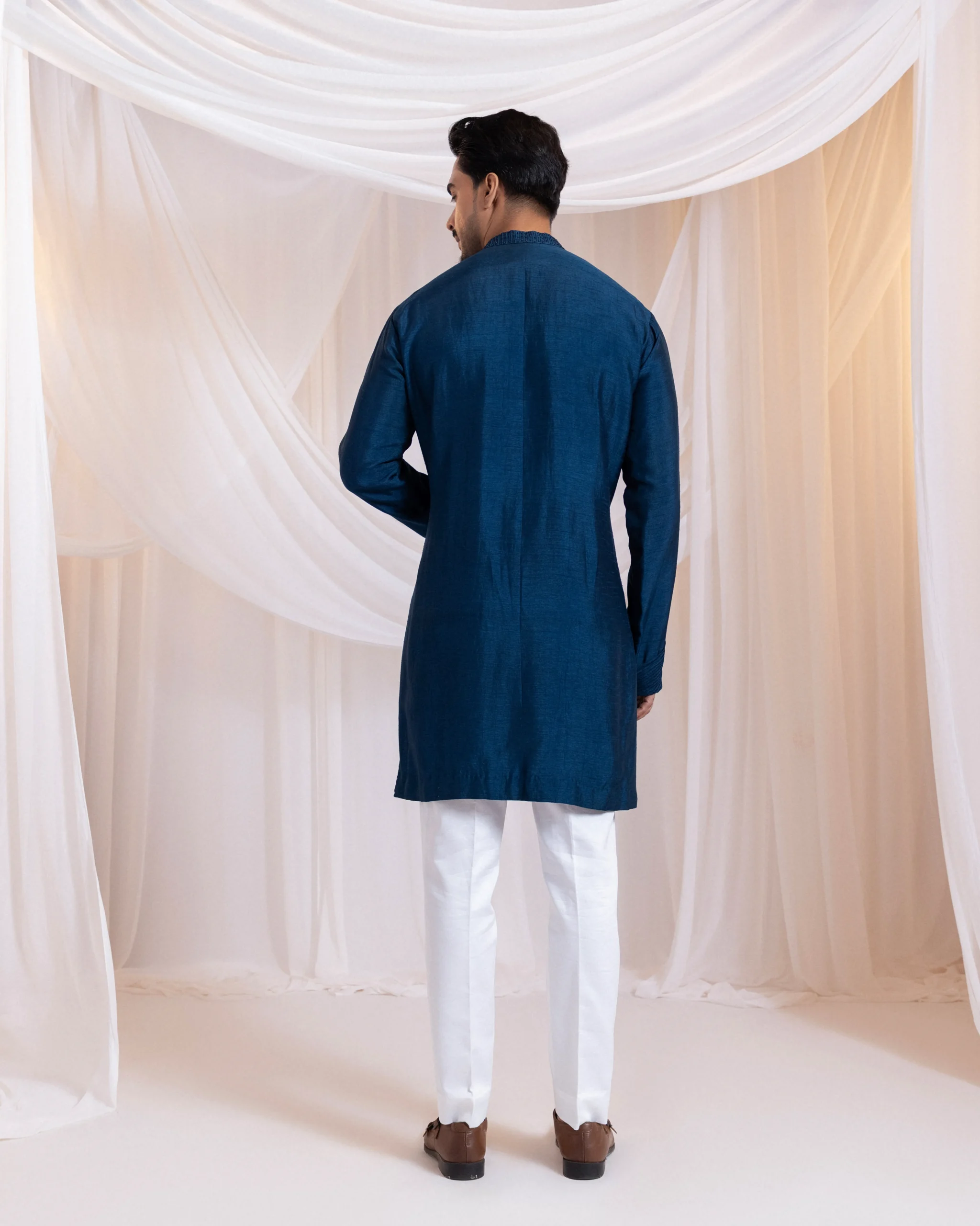 Navy Blue Pintuck Kurta with Cutdana Detailing from Golden Muslin By Anuj Agarwal