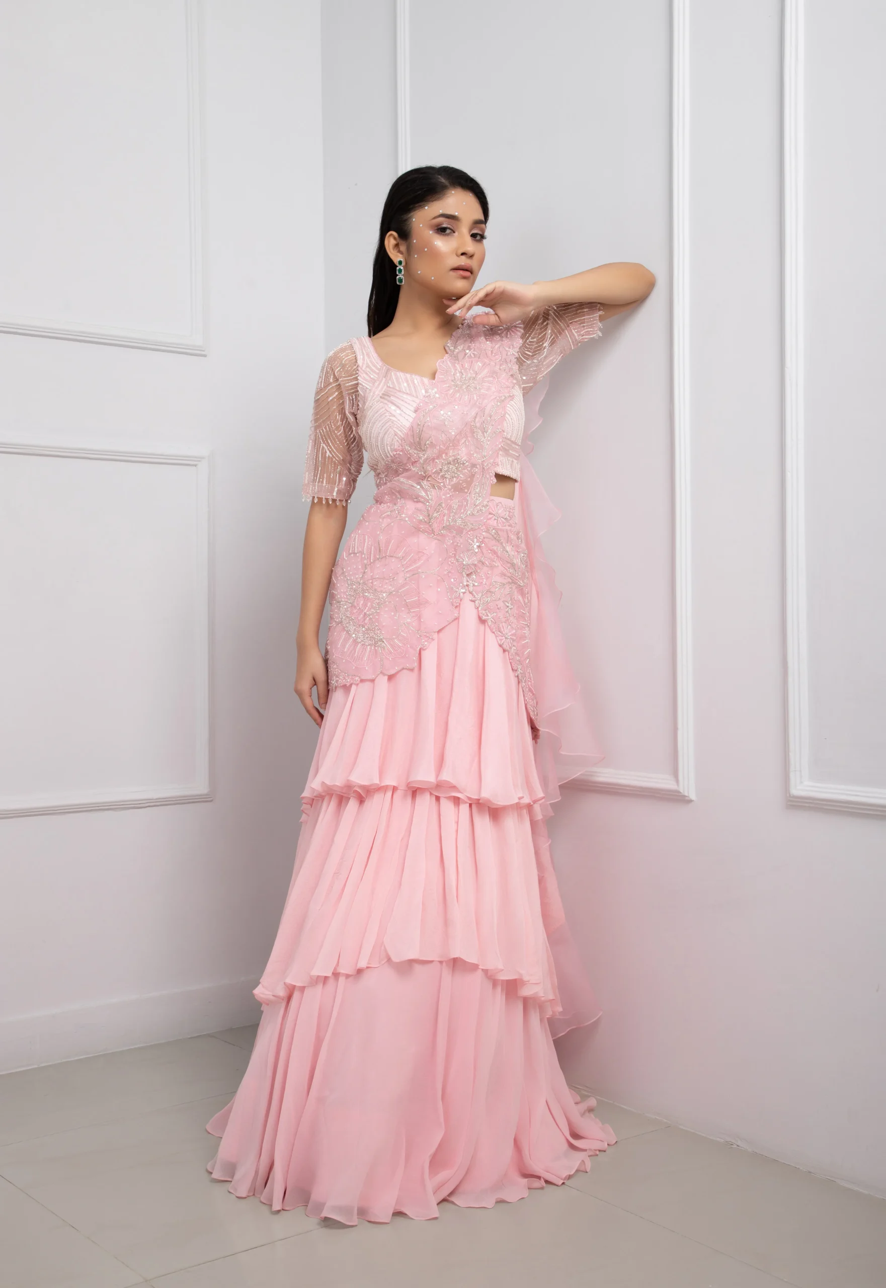 Pastel Pink Modal Satin Pre Draped Saree with Ruffled Palla and Embroidered Blouse from Golden Muslin By Anuj Agarwal