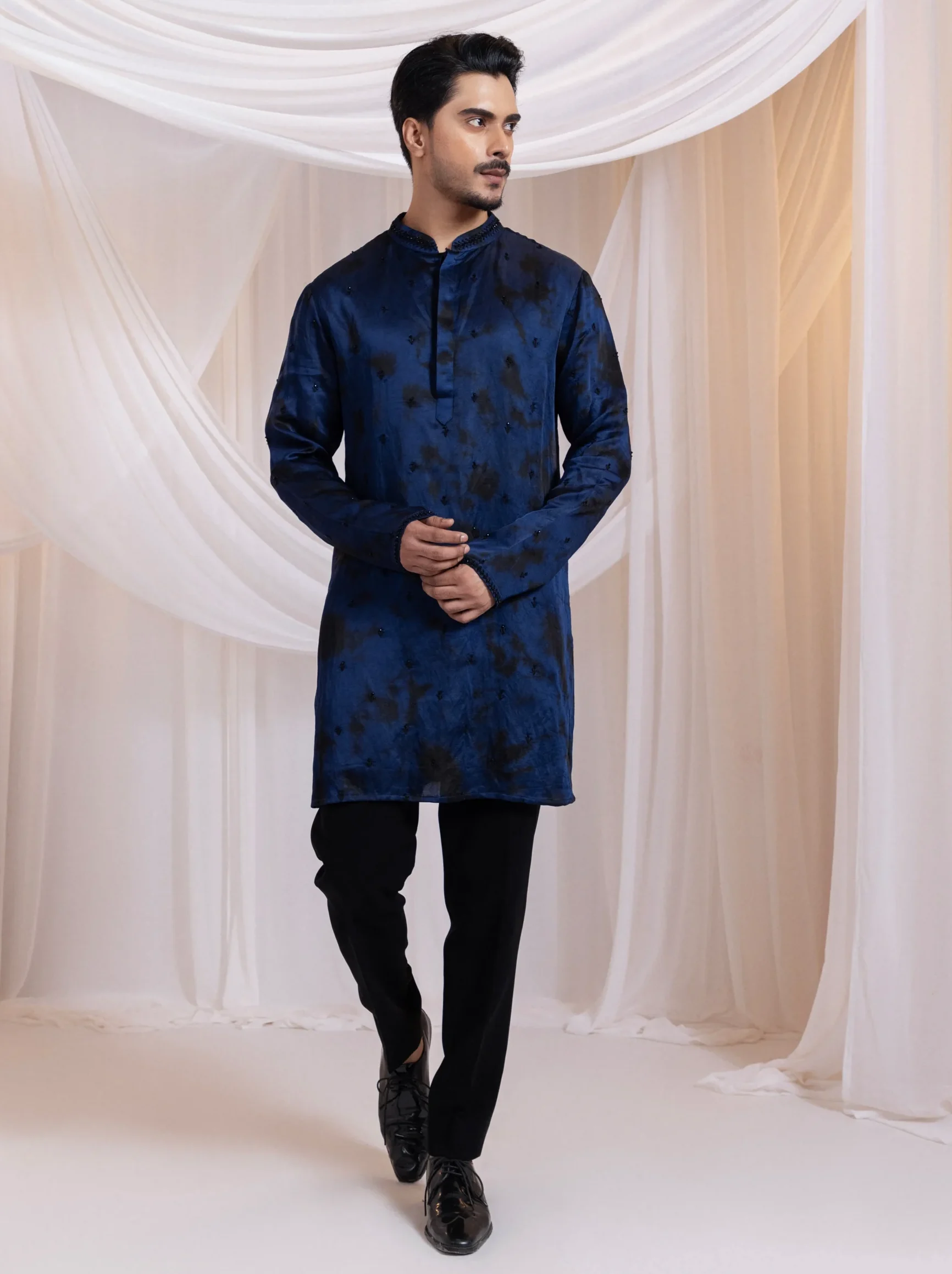 Deep blue and black tie-dye kurta set with crystal embroidery from Golden Muslin By Anuj Agarwal