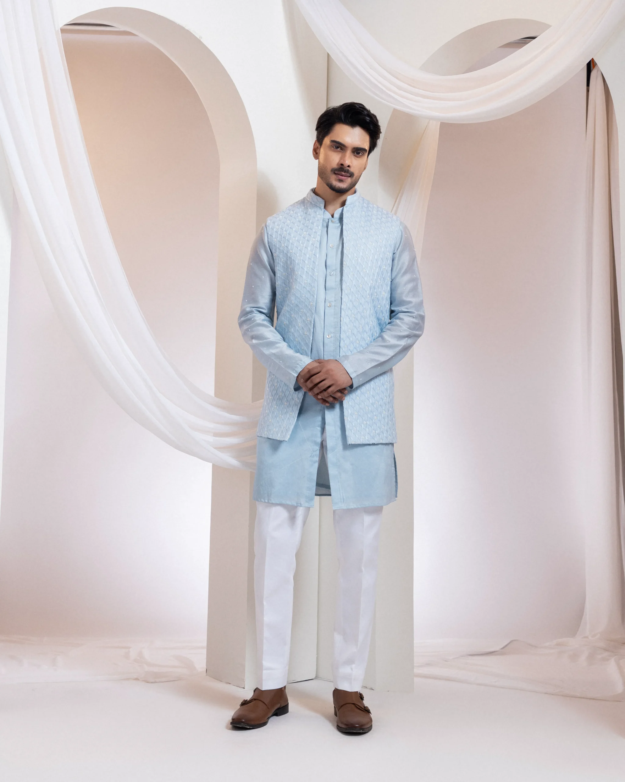 Powder Blue Nehru Jacket with Diamond Texture and Embroidered Kurta from Golden Muslin By Anuj Agarwal