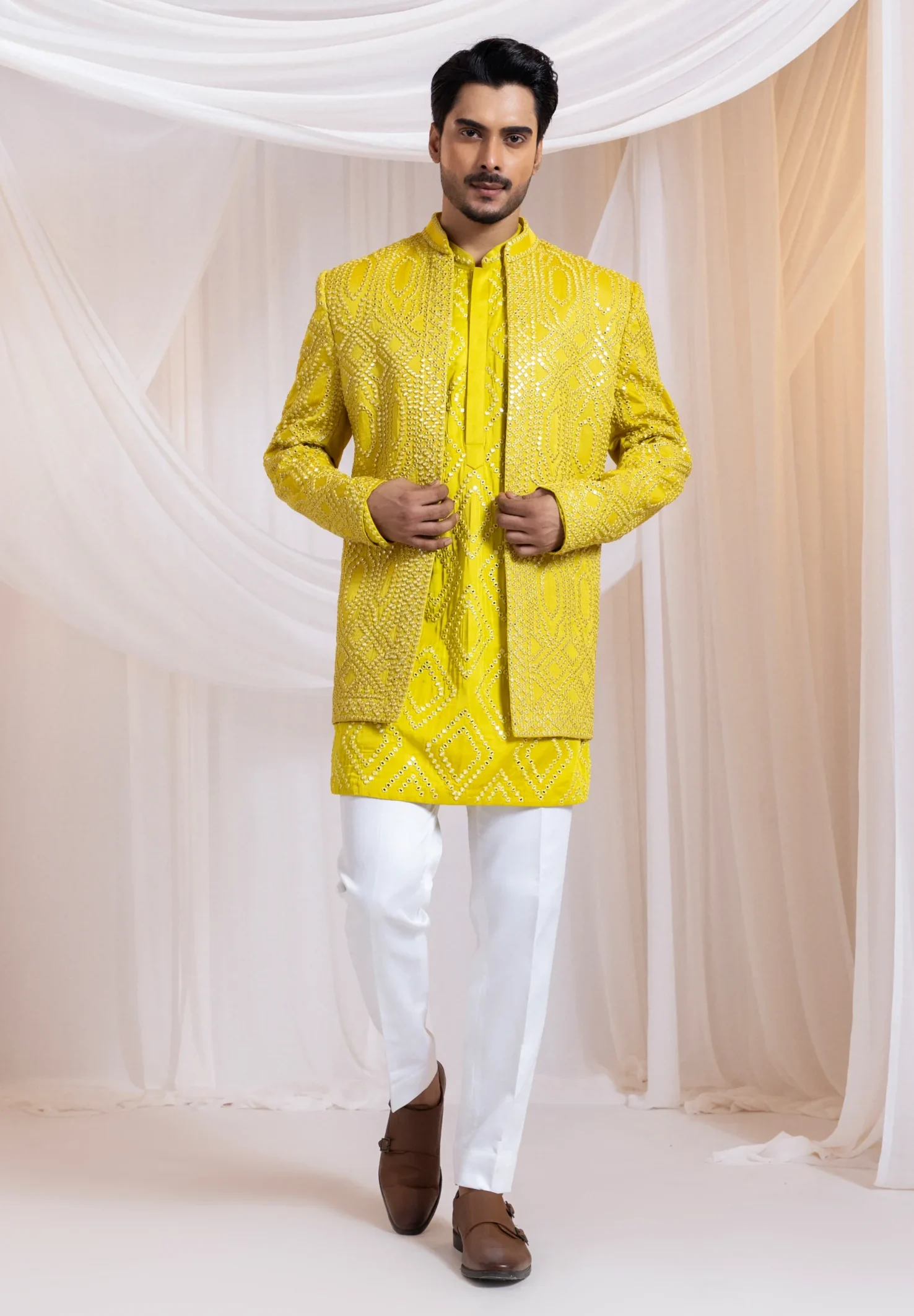 Yellow Mirrorwork Open Front Jacket with Kurta and Cotton Pants from Golden Muslin By Anuj Agarwal