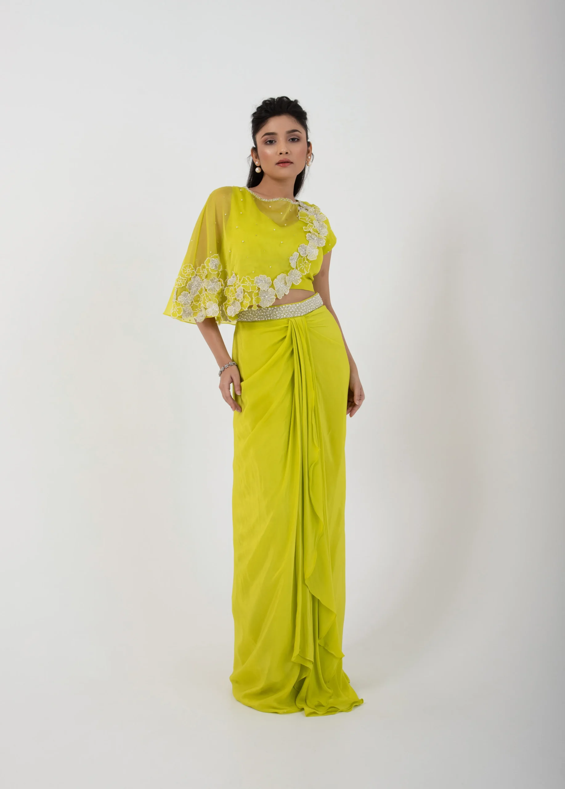 Lime Green Fusion Cape Blouse and Pre Draped Skirt Set with 3D Floral Appliqué Cape from Golden Muslin By Anuj Agarwal