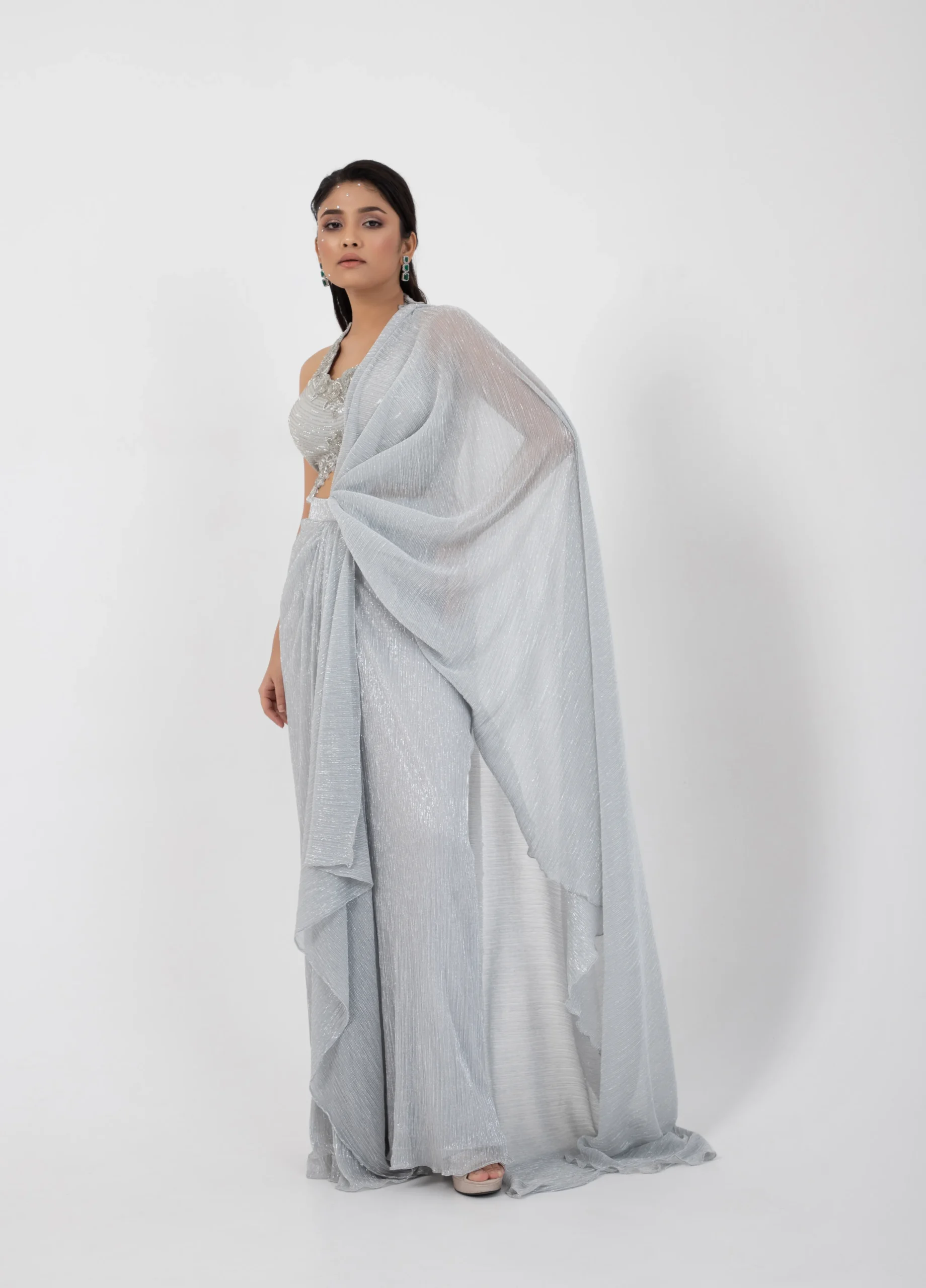 Silver Grey Pre Draped Chinon Saree with Beaded Sequin Embellished Blouse from Golden Muslin By Anuj Agarwal