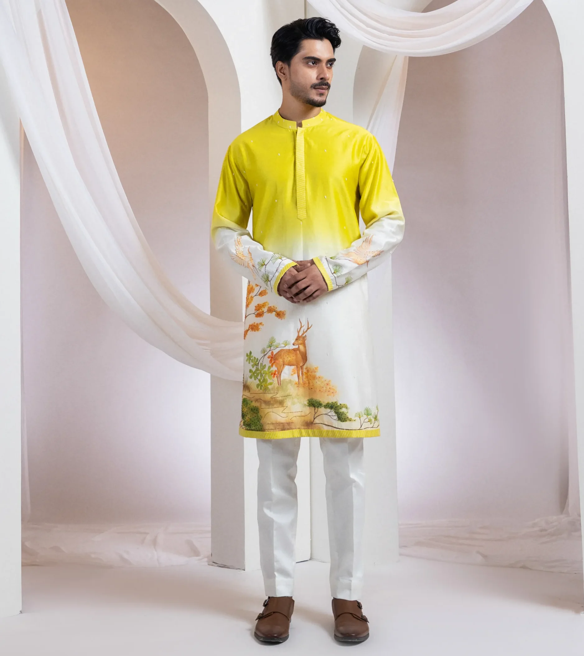 Nature-inspired hand-painted kurta set with woodland motifs from Golden Muslin By Anuj Agarwal