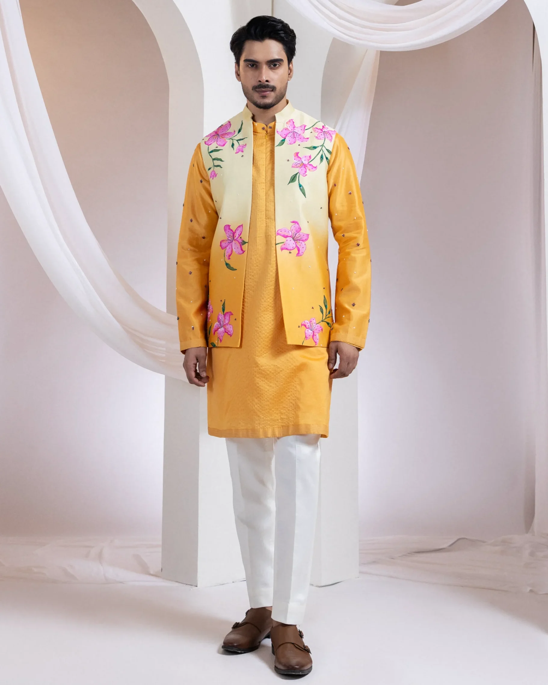 Mustard ombre Nehru jacket with straight kurta and tailored pants from Golden Muslin By Anuj Agarwal