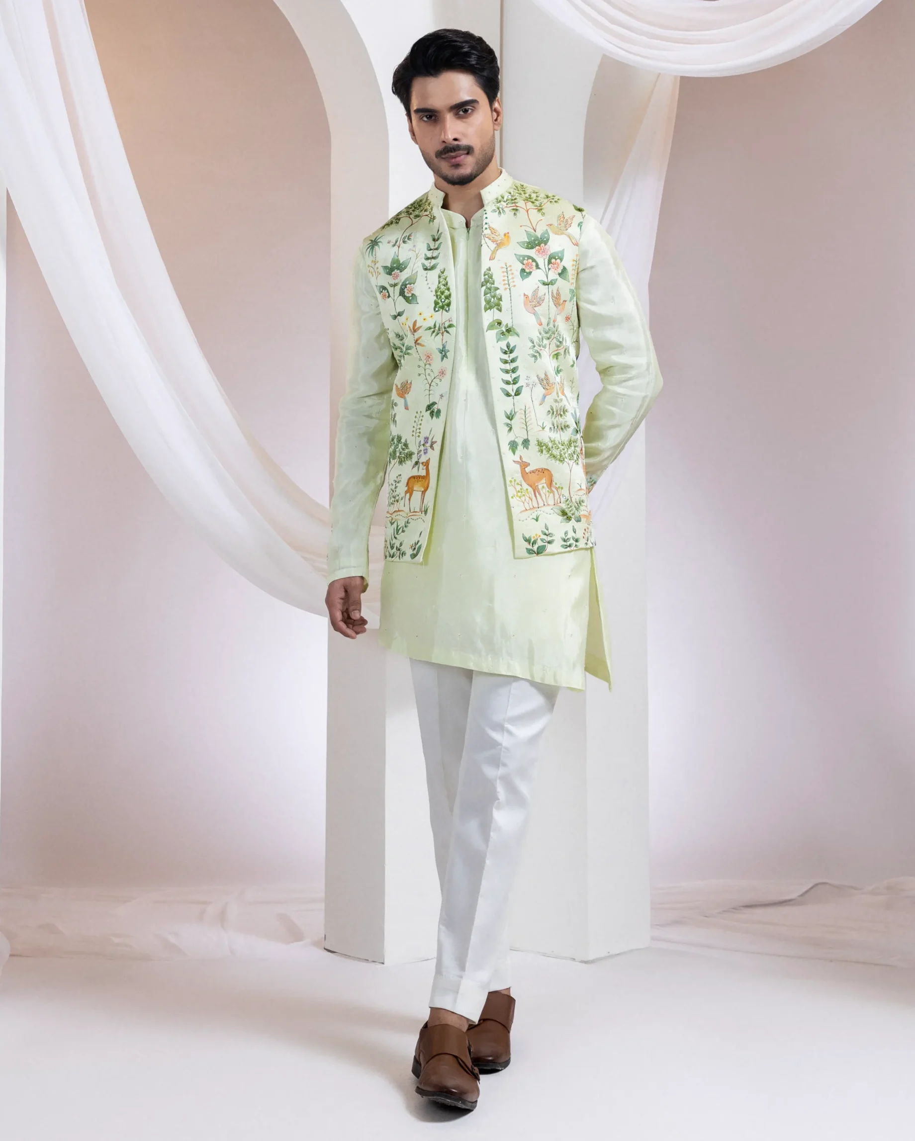 Pistachio Green Nehru Jacket with Hand Painted Forest Scene from Golden Muslin By Anuj Agarwal