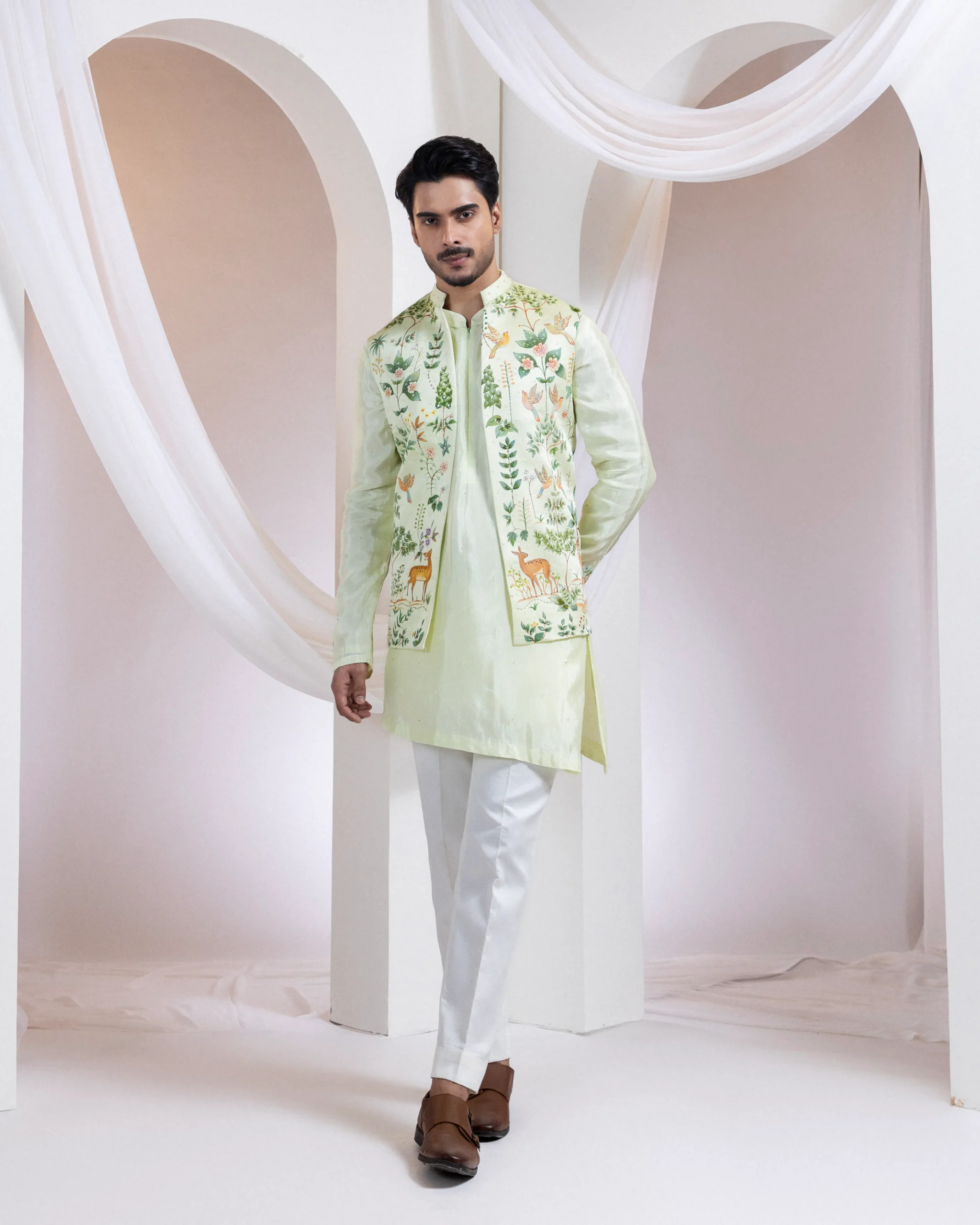 Pistachio Green Nehru Jacket with Hand Painted Forest Scene from Golden Muslin By Anuj Agarwal