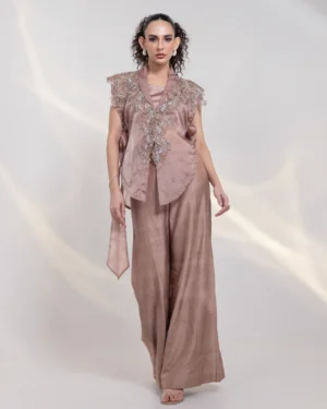 Copper Brown Three Piece Bustier Set with 3D Floral Embroidered Jacket from Golden Muslin By Anuj Agarwal