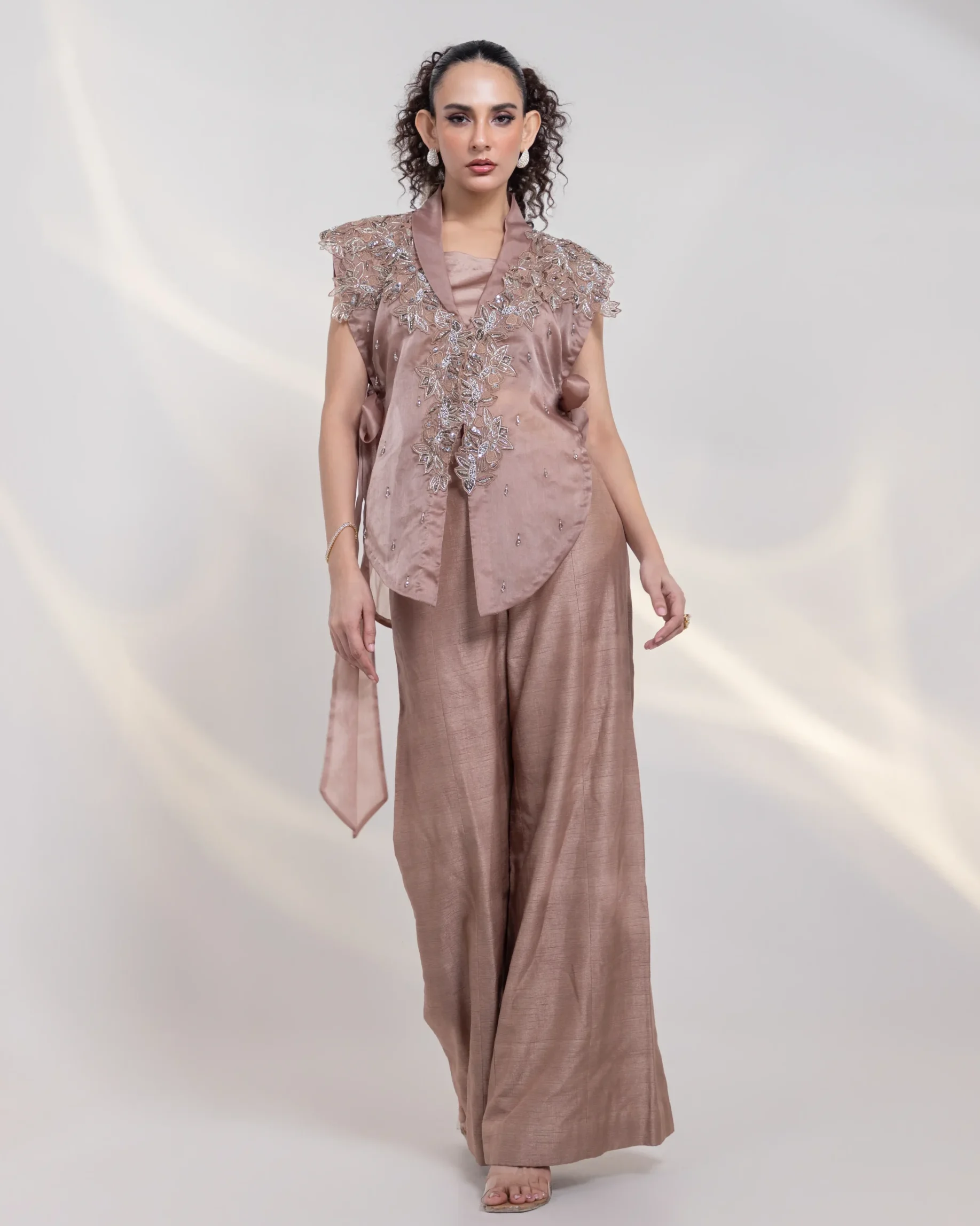 Copper Brown Three Piece Bustier Set with 3D Floral Embroidered Jacket from Golden Muslin By Anuj Agarwal