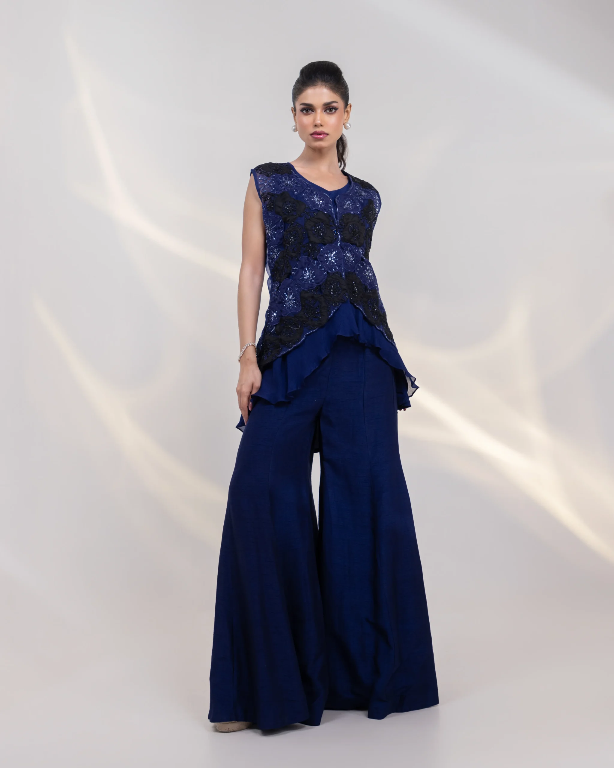 Asymmetric Flared Top and Pants with Embroidered Applique Jacket from Golden Muslin By Anuj Agarwal