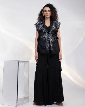 Black Wrap Vest with Silver Embroidery and Wide Leg Trousers from Golden Muslin By Anuj Agarwal