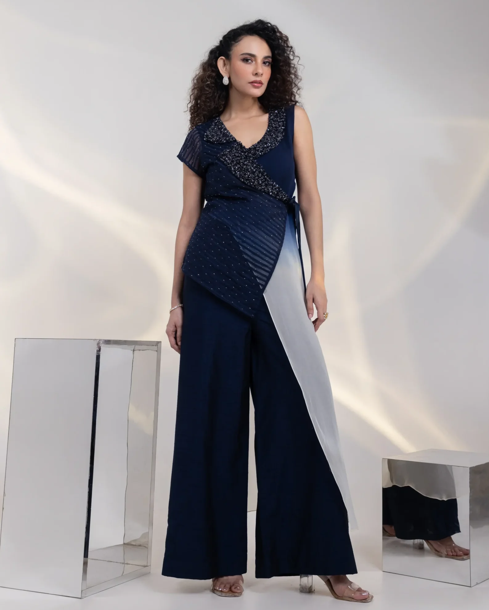 Midnight Blue Wrap Tunic with Ombre Sash and Wide Leg Trousers from Golden Muslin By Anuj Agarwal