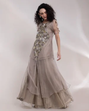Silver Organza Kaftan with Golden Geometric Embroidery and Palazzos from Golden Muslin By Anuj Agarwal