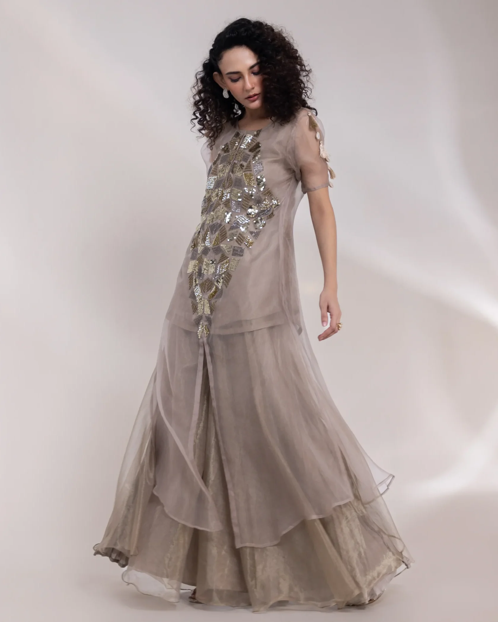 Silver Organza Kaftan with Golden Geometric Embroidery and Palazzos from Golden Muslin By Anuj Agarwal