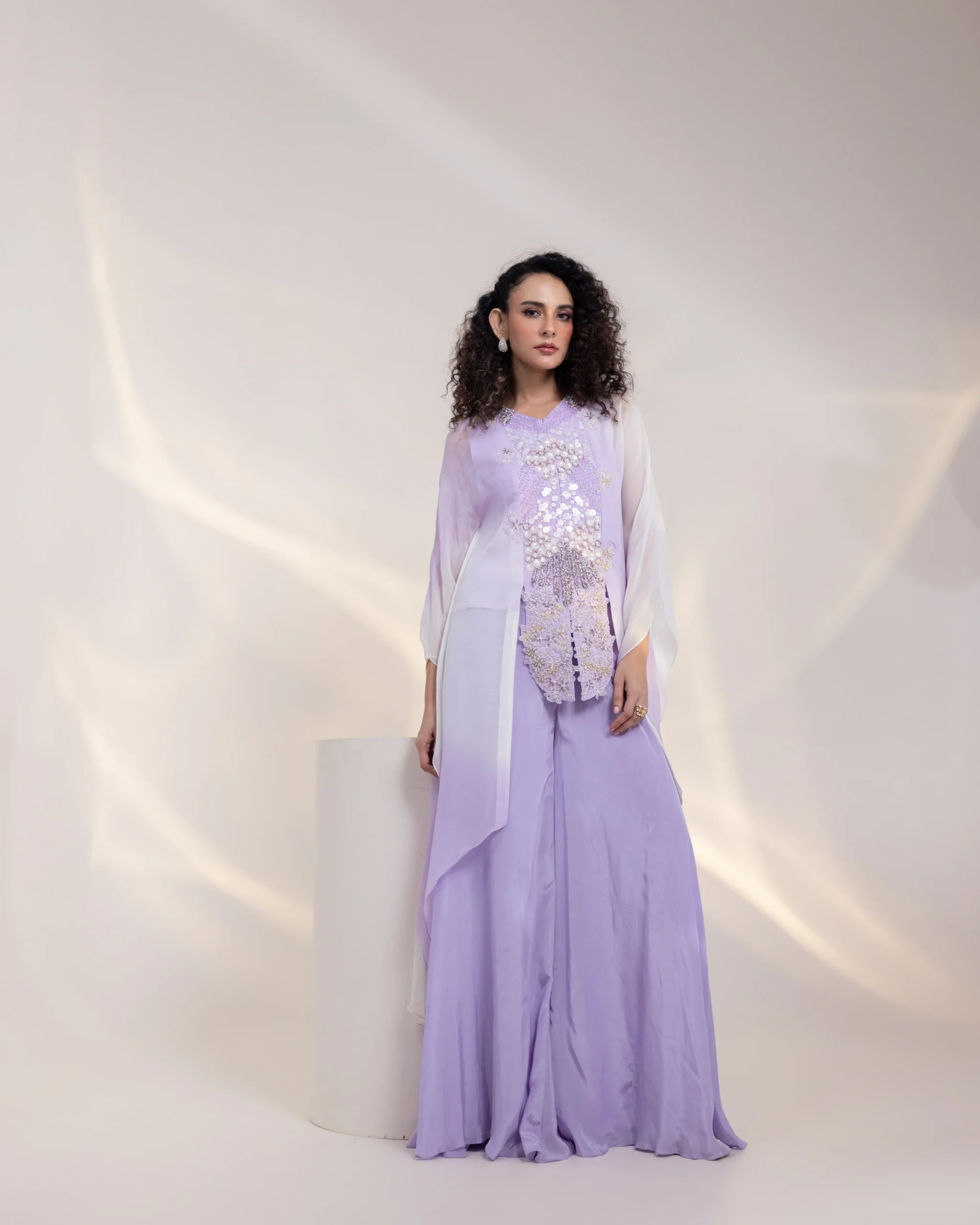 Lavender Ombre Sheer Tunic with Silver Floral Embroidery and Wide Leg Pants from Golden Muslin By Anuj Agarwal