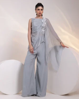 Ash Grey Embroidered Sleeveless Tunic with Organza Shoulder Drape and Wide-Leg Trousers from Golden Muslin By Anuj Agarwal
