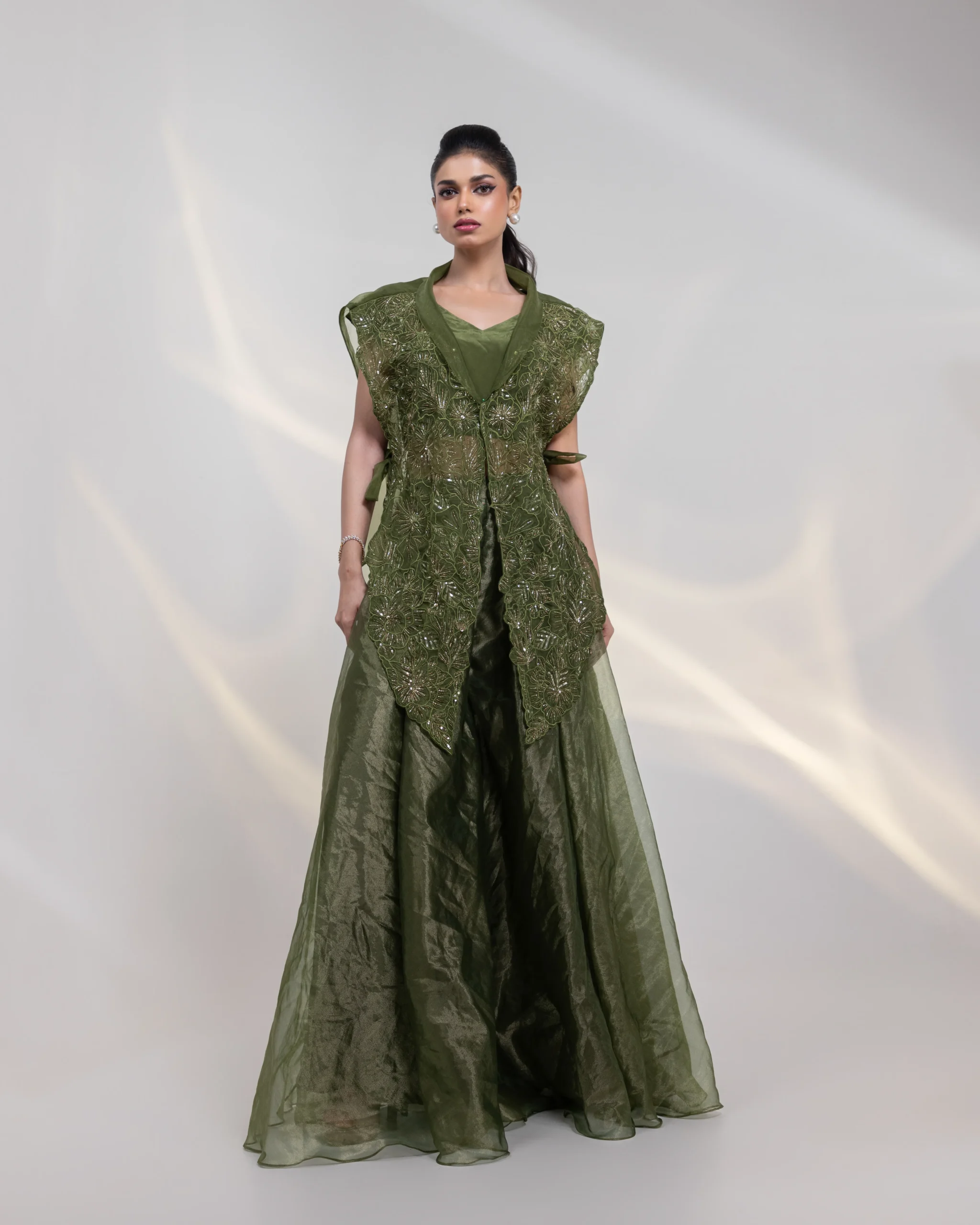 Moss Green Organza Overlay Jacket with Voluminous Skirt from Golden Muslin By Anuj Agarwal