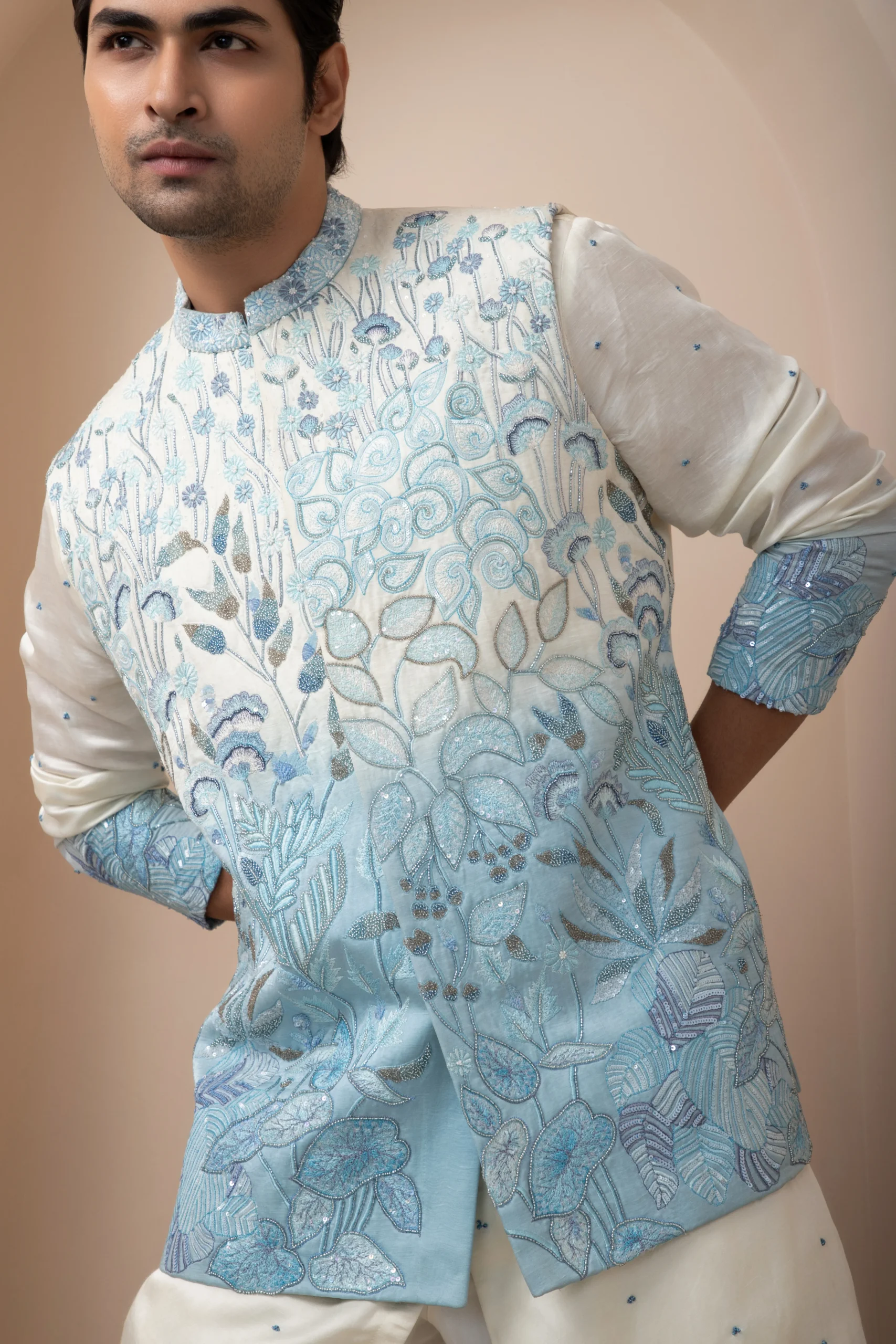Sky blue linen satin Nehru jacket by Golden Muslin with floral embroidery, pearl work and ombré finish