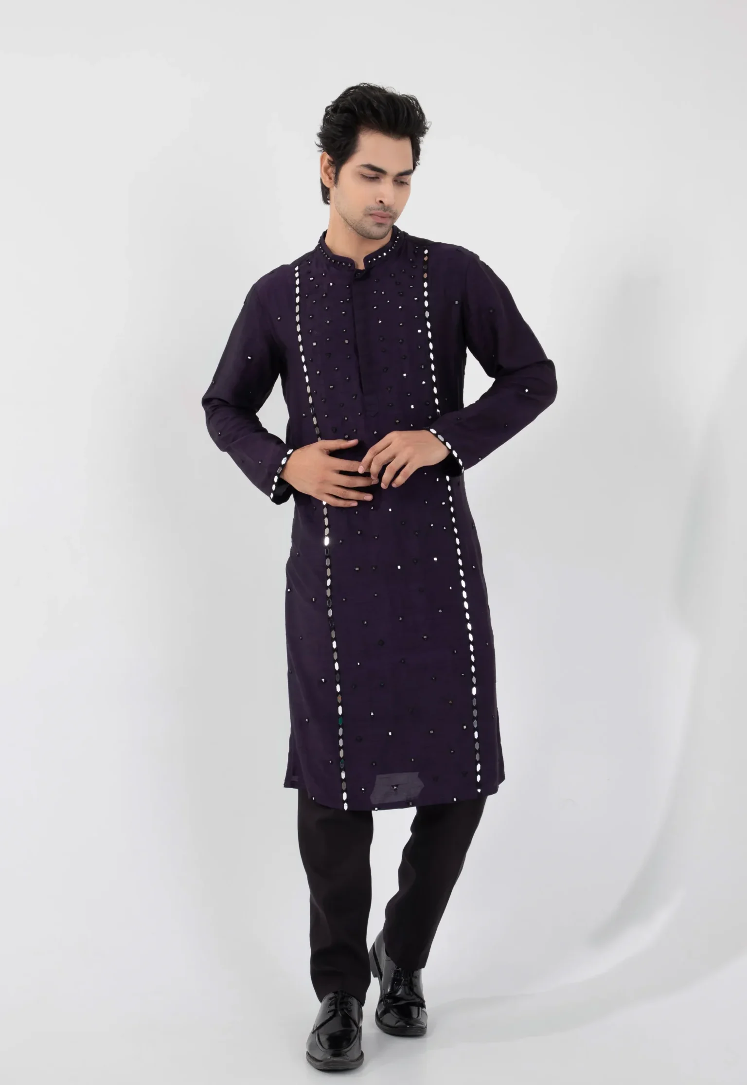 Dark violet silk mulmul kurta set for men with band collar and geometric detailing by Golden Muslin