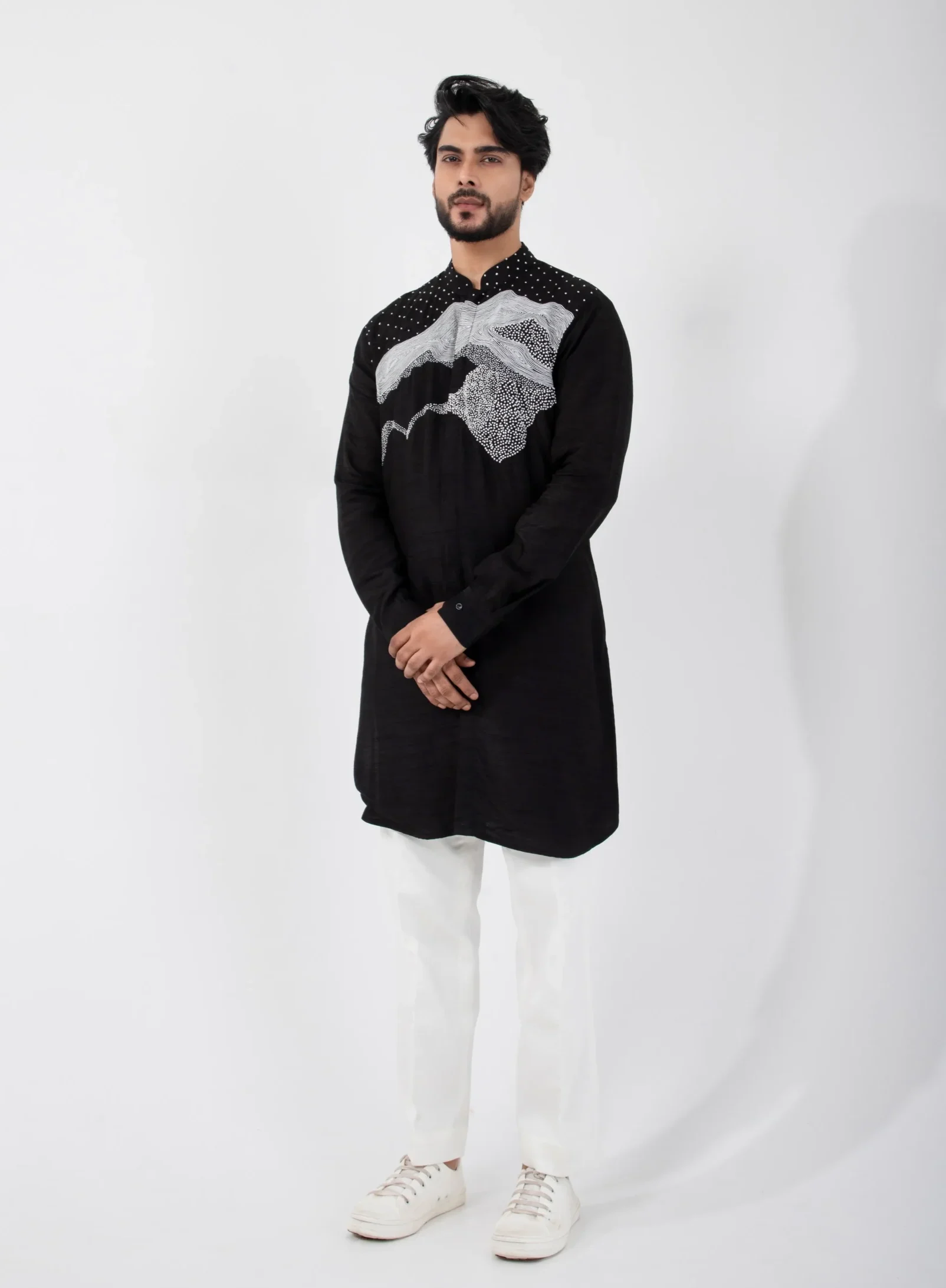 Black Designer Khadi Cotton Kurta with Marble Panel from Golden Muslin By Anuj Agarwal