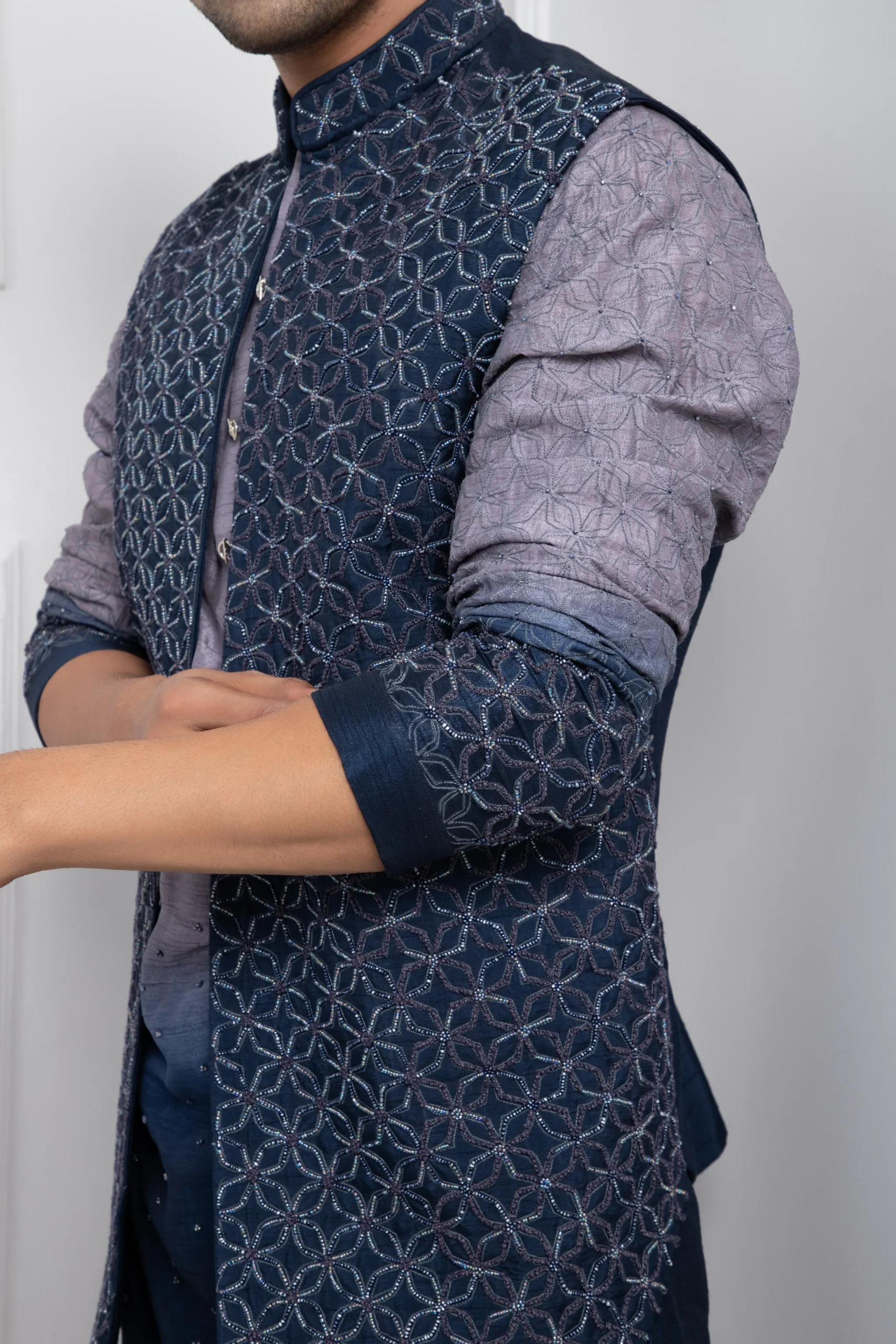 Golden Muslin blue silk embroidered Nehru jacket with geometric beadwork and French knot detailing