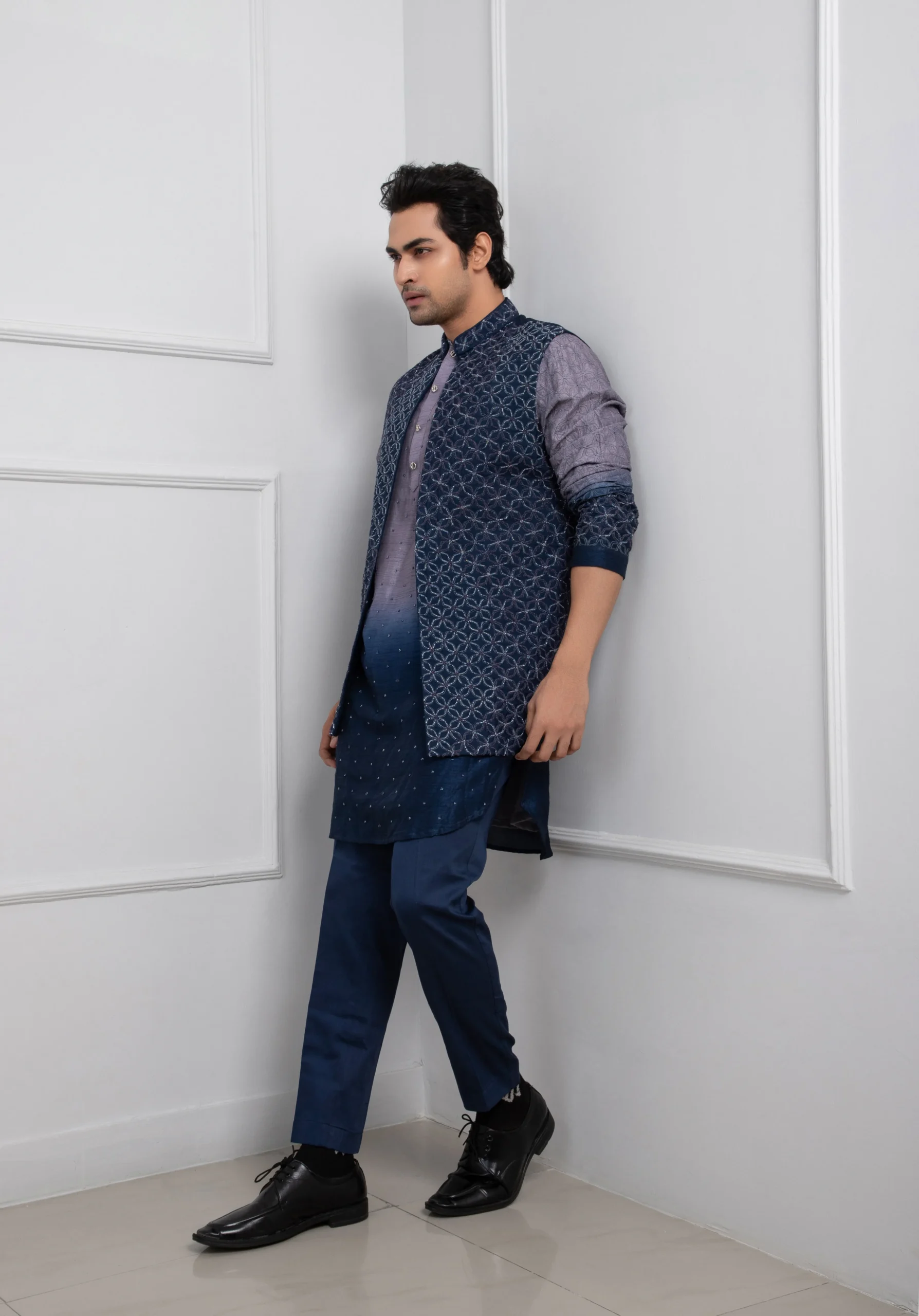 Golden Muslin Blue Silk Embroidered Nehru Jacket Kurta Set with geometric beadwork and ombre silk mulmul kurta
