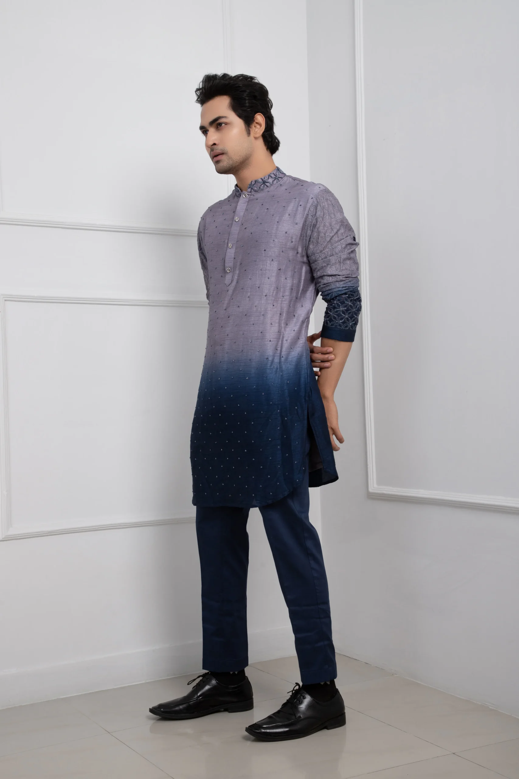 Golden Muslin Blue Silk Mulmul Ombre Kurta Set with tonal embroidery and slim-fit trousers