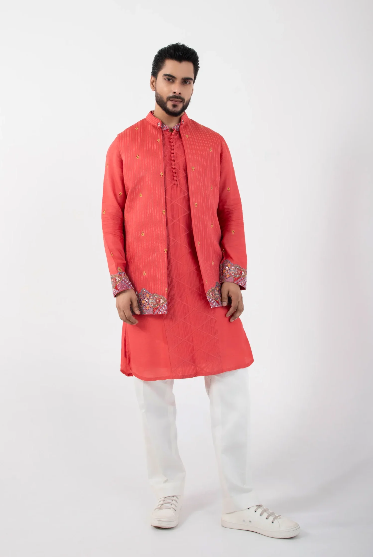 Golden Muslin Coral Nehru Jacket Kurta Set in linen satin with multicolor embroidery and cotton pants