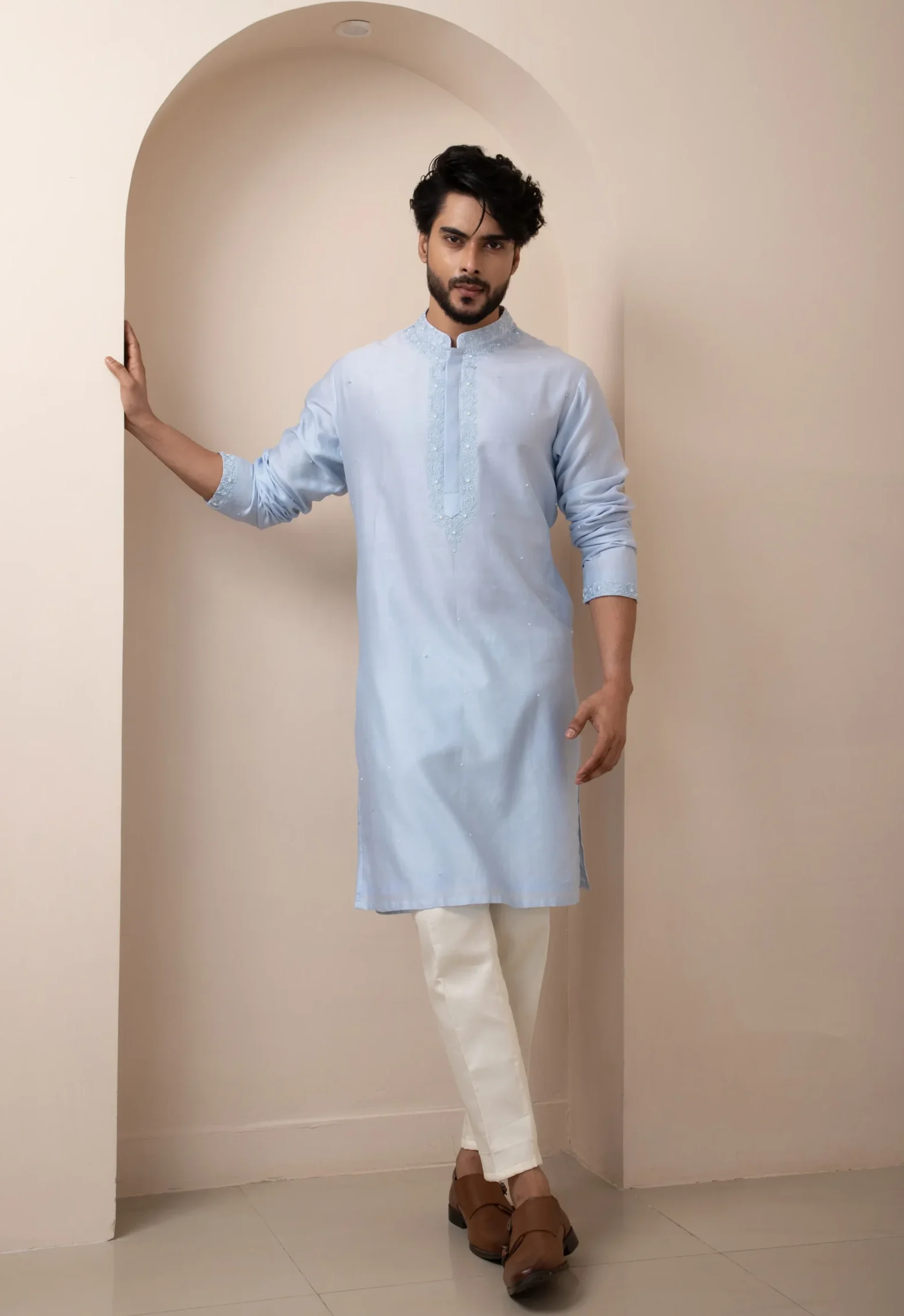 Golden Muslin sky blue chanderi mulmul kurta set with mandarin collar and ivory cotton pants