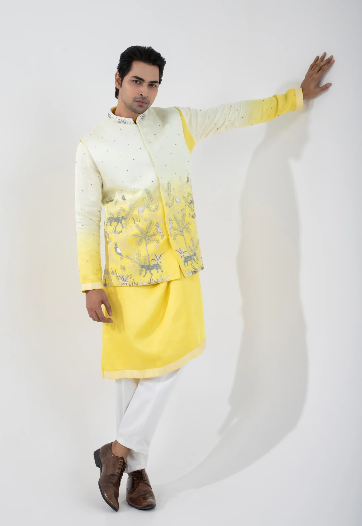 Golden Muslin yellow and white ombre linen satin Nehru jacket with embroidery and sequin detailing