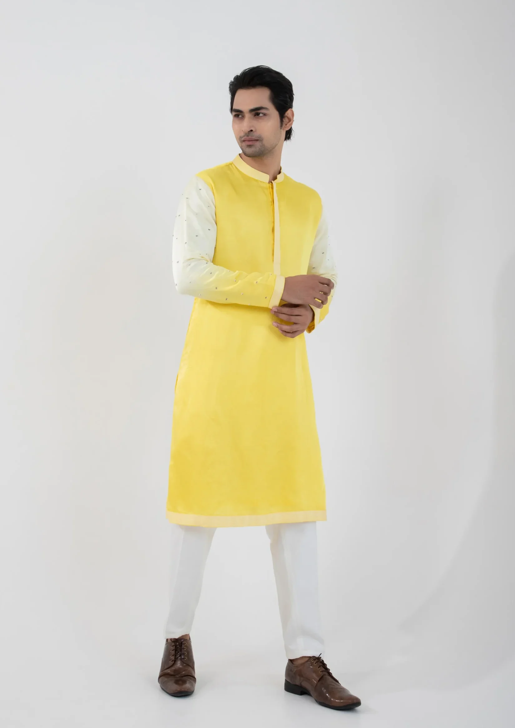Golden Muslin Yellow Ombre Kurta Set in silk mulmul with hand embroidery and cotton pants